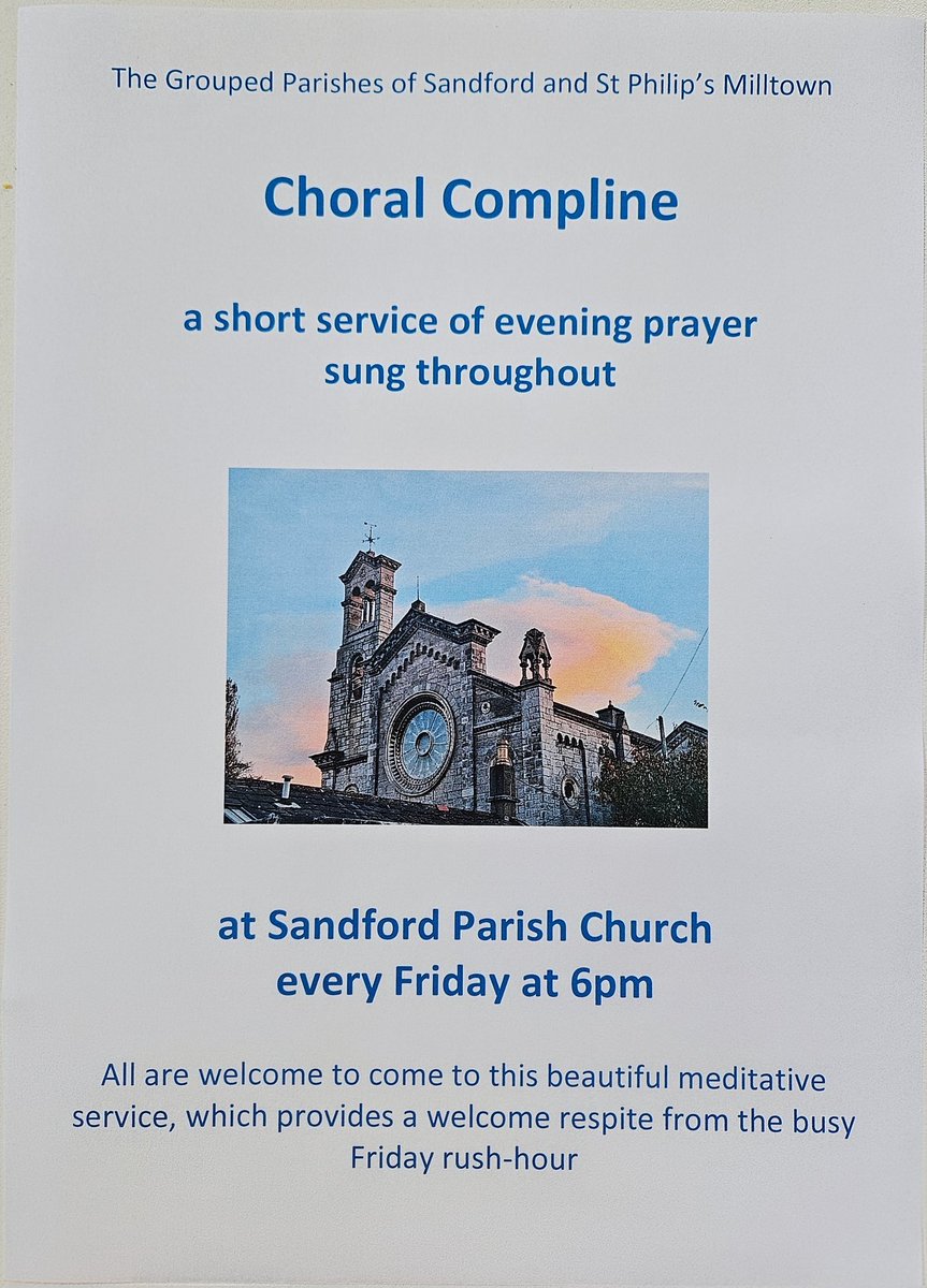 Choral Compline recommences this Friday,  17th January,  at 6pm in Sandford Church.  All welcome.