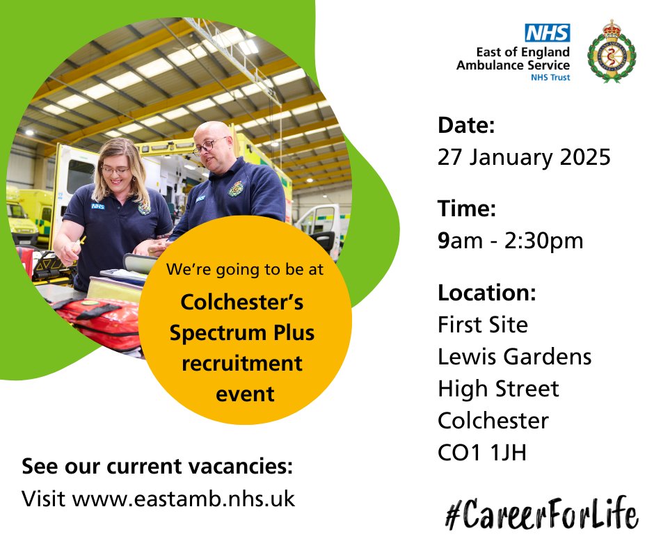 Our recruitment team are going to be at Colchester City Council and Colchester Jobcentre’s Spectrum Plus event! 

🗓️ Monday 27 January 2025
⏰ 9am – 2:30pm
📍 First Site, Lewis Gardens, High Street, Colchester, CO1 1JH

Come and talk to us about anything #CareerForLife.