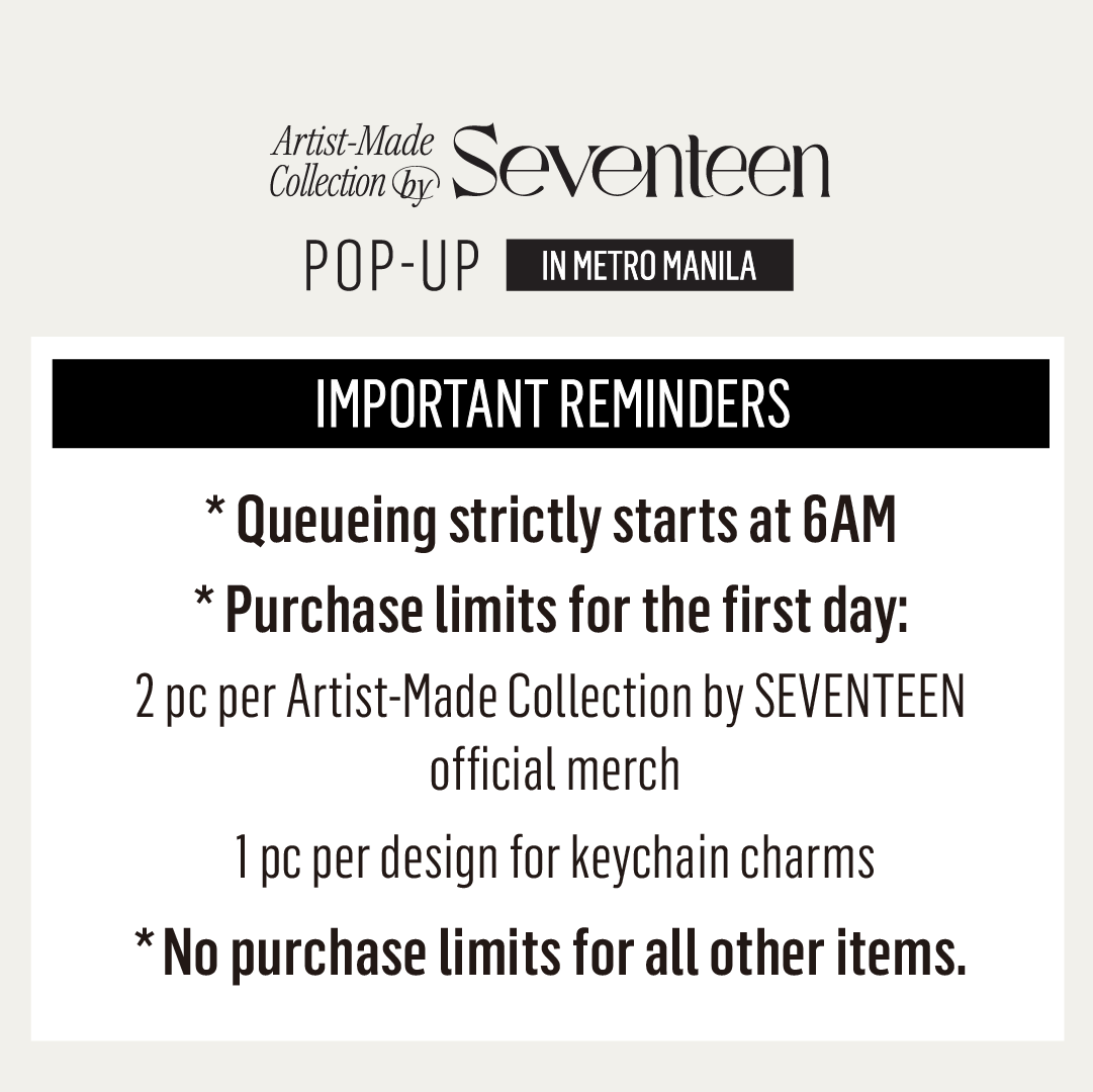 apopcollections's tweet photo. Artist-Made Collections by SEVENTEEN POP-UP in Metro Manila

‼️Final Reminders for tomorrow’s popup‼️

💎 Updated designs and purchase limits for DIY Charms.
💎 Special promotion for lightsticks.

See you tomorrow!

🗓 January 15, 2025  - February 26, 2025
⏱ 10:00 AM - 10:00 PM
📍Level 3, North Main Mall, SM Mall of Asia

#세븐틴 #SEVENTEEN
#bySEVENTEEN #bySEVENTEEN_POP_UP #MANILA #MallofAsia