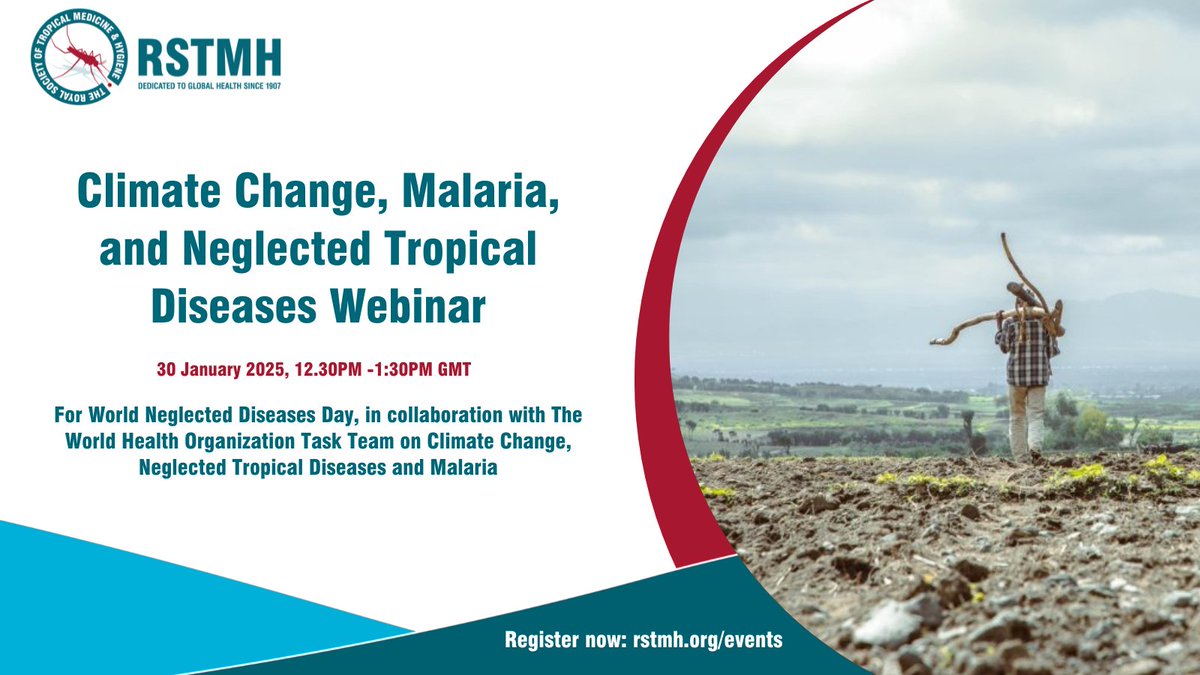 Royal Society of Tropical Medicine and Hygiene (@rstmh) on Twitter photo Join RSTMH & <a href="/WHO/">World Health Organization (WHO)</a> on #WorldNTDDay for a free webinar exploring climate change, malaria, & NTDs. 📅 30 Jan, 12:30–1:30 PM GMT
Highlights: insights from a major scoping review + expert speakers
Don't miss it - register now: rstmh.org/events/climate…
#ClimateHealth #NTDs #BeatNTDs Join RSTMH & <a href="/WHO/">World Health Organization (WHO)</a> on #WorldNTDDay for a free webinar exploring climate change, malaria, & NTDs. 📅 30 Jan, 12:30–1:30 PM GMT
Highlights: insights from a major scoping review + expert speakers
Don't miss it - register now: rstmh.org/events/climate…
#ClimateHealth #NTDs #BeatNTDs