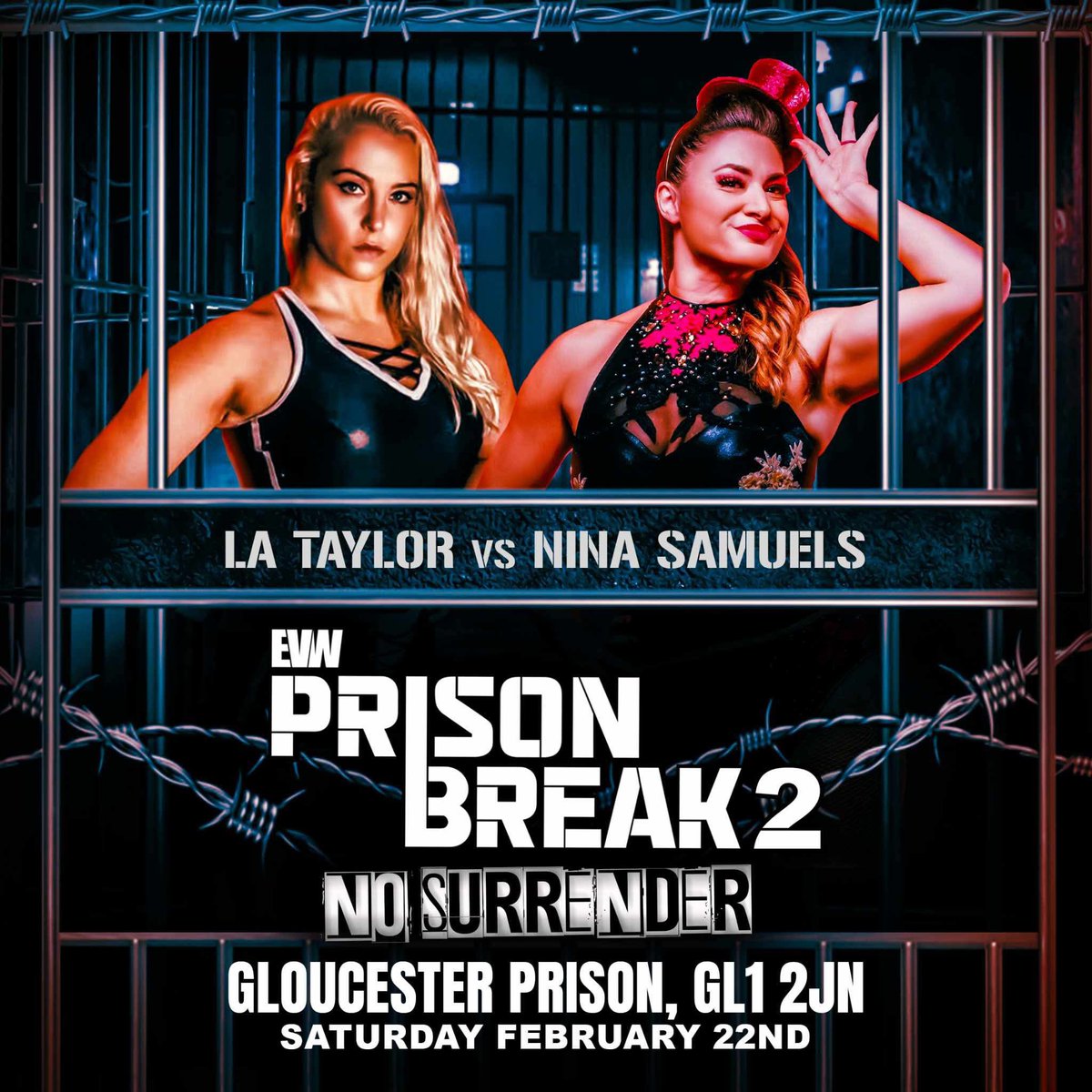 Evolution Wrestling (@evolutionwres) on Twitter photo βοΈ EVW: PRISON BREAK - NO SURRENDER 
February 22nd Evolution Wrestling takes over GLOUCESTER PRISON 
βThe Demolition Womanβ L A Taylor
faces one of the most successful women in the UK scene todayβNina Samuels
-Adult Only event
- No Wheelchair Access 
Evolutionwrestling.bigcartel.com βοΈ EVW: PRISON BREAK - NO SURRENDER 
February 22nd Evolution Wrestling takes over GLOUCESTER PRISON 
βThe Demolition Womanβ L A Taylor
faces one of the most successful women in the UK scene todayβNina Samuels
-Adult Only event
- No Wheelchair Access 
Evolutionwrestling.bigcartel.com