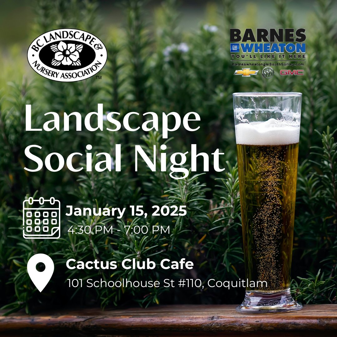 Landscapers, reminder that our next social is TOMORROW! 🍻

Enjoy great food and drinks and unwind with your fellow professionals at Cactus Club, Coquitlam! This social is sponsored by @barneswheatongmss

REGISTER FREE: eventbrite.com/e/bclna-landsc…