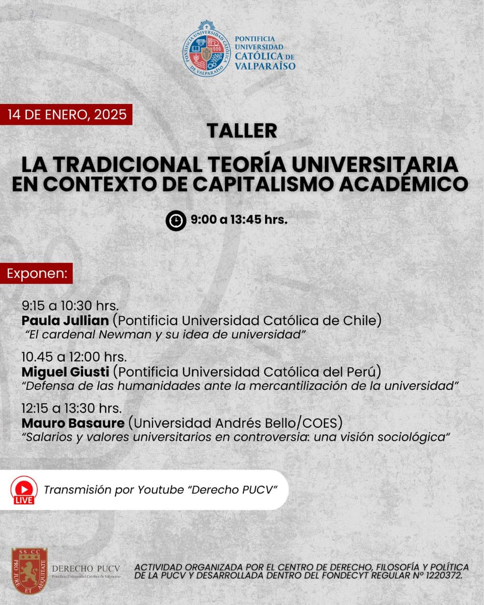 Hoy,  Mauro Basaure participa en el taller "La tradicional teoría universitaria en contexto de capitalismo académico". Estará a cargo de la ponencia "Salarios y valores en controversia: una visión sociológica". Sigue la transmisión en este enlace: youtube.com/watch?v=tajOrO…