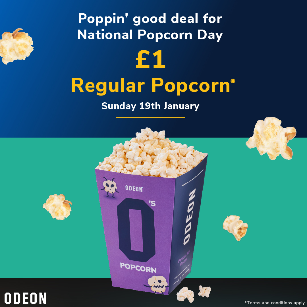 ODEONCinemas's tweet photo. 🎉 We’ve got a poppin’ good deal for National Popcorn Day at ODEON!✨

On Sunday 19th January, you can grab a regular popcorn for just £1!

Make sure to POP over to ODEON on National Popcorn Day! 🍿

T&amp;Cs apply - https://t.co/iIpVNa89ko https://t.co/HE9izF9LSd