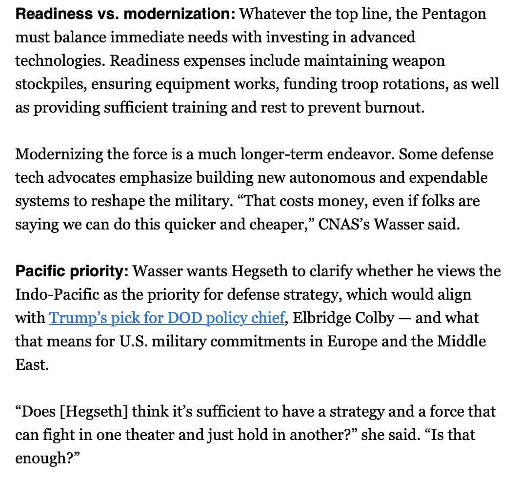 becca_wasser's tweet image. Big questions for Trump's SecDef pick on key defense issues in today's hearing. What are the DoD priorities? Where are they going to put money and time--readiness or modernization? And what is the priority for deterrence--the Indo-Pacific or brushfires around the globe?