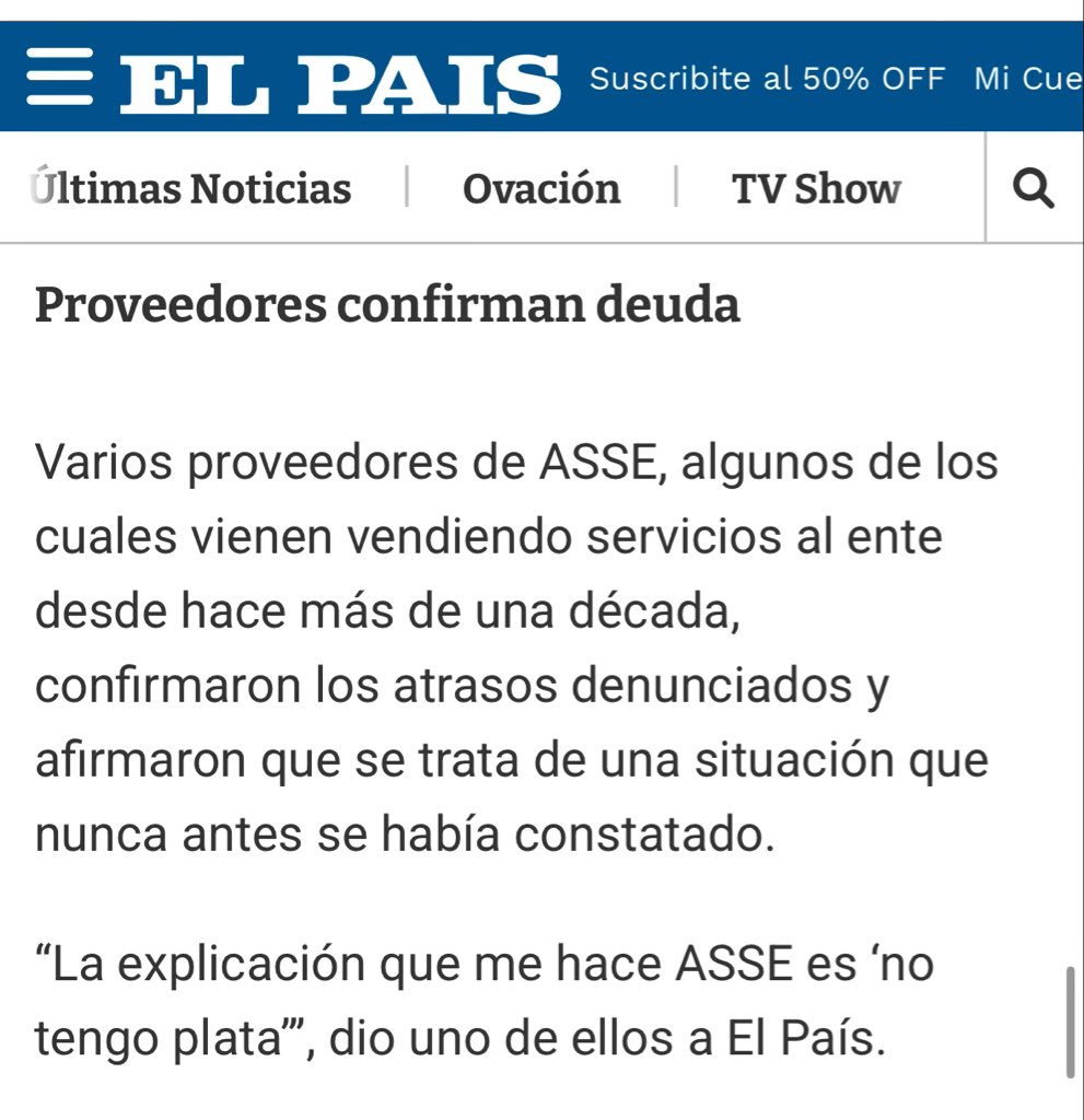 🚨 [ASSE en rojo] 🏥

✖️Deuda de más de 100 millones de dólares de ASSE a proveedores, 10% de su presupuesto aprox. comprometido. 
✖️No solo desarme en tema recursos humanos, carencia de medicamentos, tiempos de espera enormes, desvío de dineros a privados elevado y falta de plan