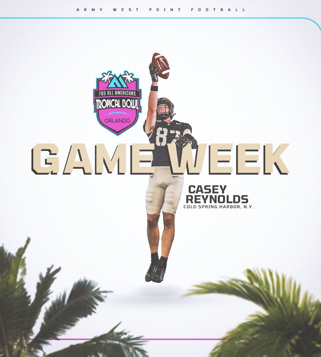 Army Football (@armywp_football) on Twitter photo WR Casey Reynolds is set to play in the <a href="/TropicalBowlUSA/">TRILLION TROPICAL BOWL</a> this Saturday! 🌴
🗓️ Jan. 19
📍 Orlando, FL ☀️
⏰ 11am EST
📺 tropicalbowl.com/tv
#GoArmy WR Casey Reynolds is set to play in the <a href="/TropicalBowlUSA/">TRILLION TROPICAL BOWL</a> this Saturday! 🌴
🗓️ Jan. 19
📍 Orlando, FL ☀️
⏰ 11am EST
📺 tropicalbowl.com/tv
#GoArmy
