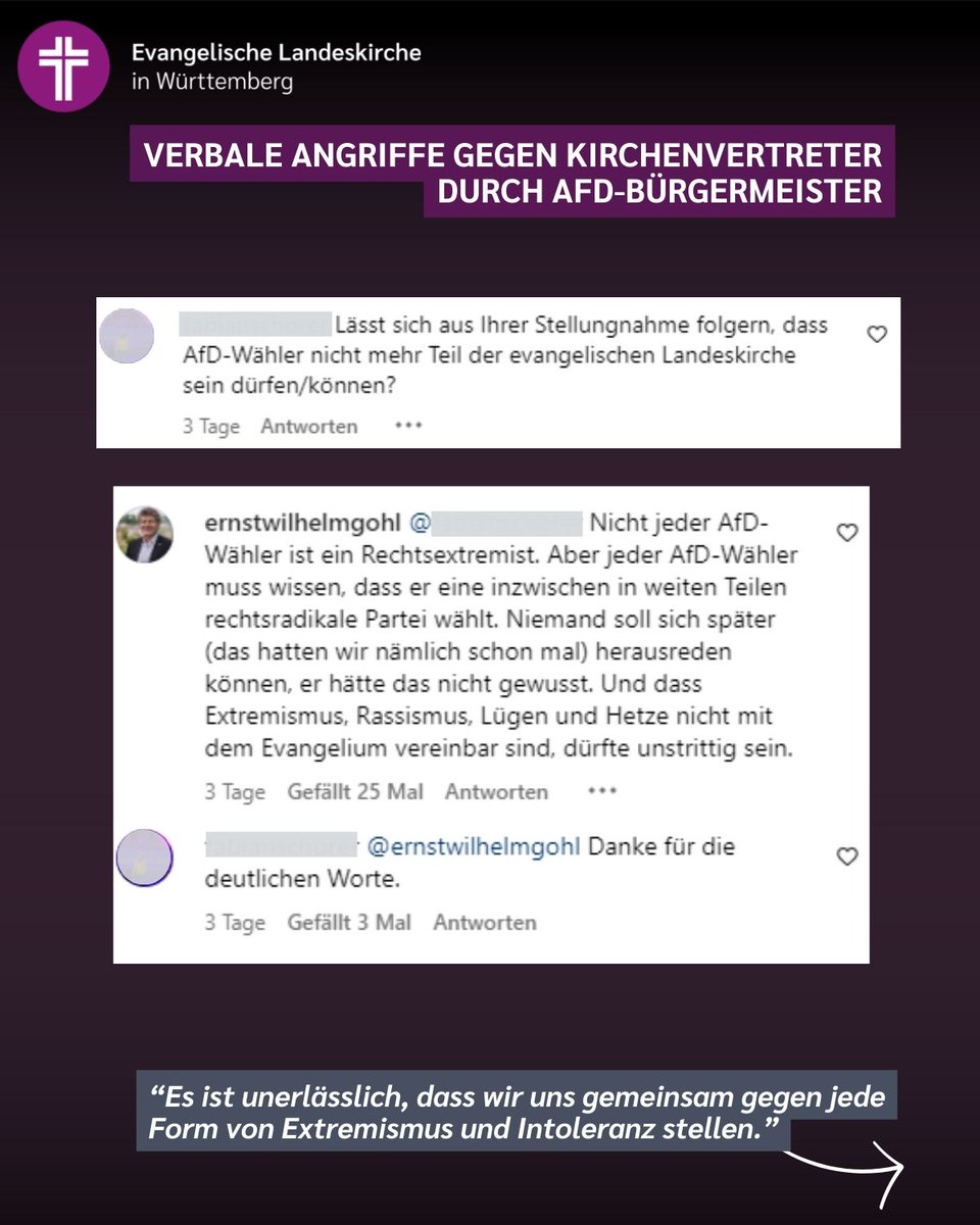 Landesbischof Gohl zu den verbalen Angriffen des AfD-Bürgermeisters von Jüterbog (Brandenburg) auf einen Pfarrer und eine Pfarrerin „Die Unterstützung und Solidarität innerhalb unserer Gemeinschaft sind stärker als jede Form von Hetze und Lügen“
Zur News: elk-wue.de/news/2025/1401…