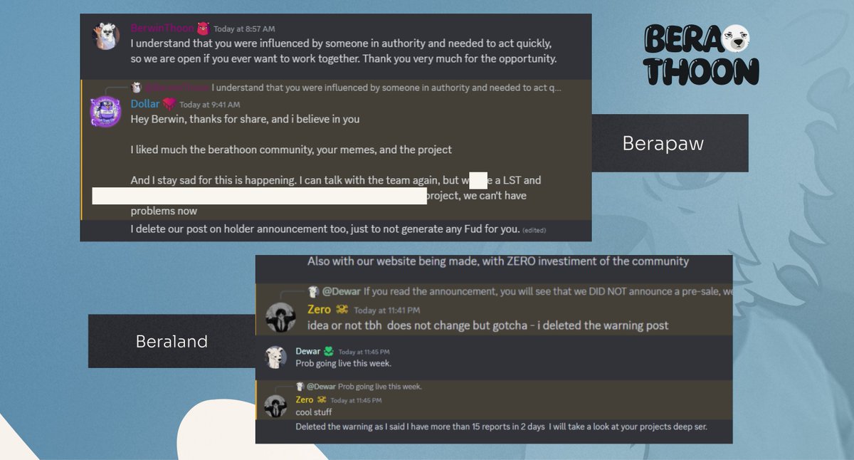 thooonv's tweet photo. Yesterday was a day of learning. For those who don't know, we faced an attack where people started spreading FUD due to an announcement about gathering feedback for a future pre-sale.

Since haters can't read, they mass-reported to @Bera_Land, claiming that our community was a scam. Shortly after, Beraland announced that they "did not trust the Berathoon project." An hour later, @0xBeraPaw, with whom we were about to close a collaboration, also announced, "we will no longer proceed with the collaboration with Berathoon, DYOR." To make matters worse, someone posted a fake link in our chat, and a member of our community clicked on it and got drained.

We sought explanations from both communities because our project is by no means a scam. We don’t collect money from anyone; we are building out of our own pockets, paying developers, designers, illustrators, and working over 16 hours a day.

Their response is in the screenshot below. After clarifying everything and showing that this was an organized attack against us, the misunderstanding was resolved, and both communities deleted their posts.

Berathoon continues to grow whether you like it or not. Our community remains strong as always. Thank you, haters, for the motivation; we use it as fuel to keep going.