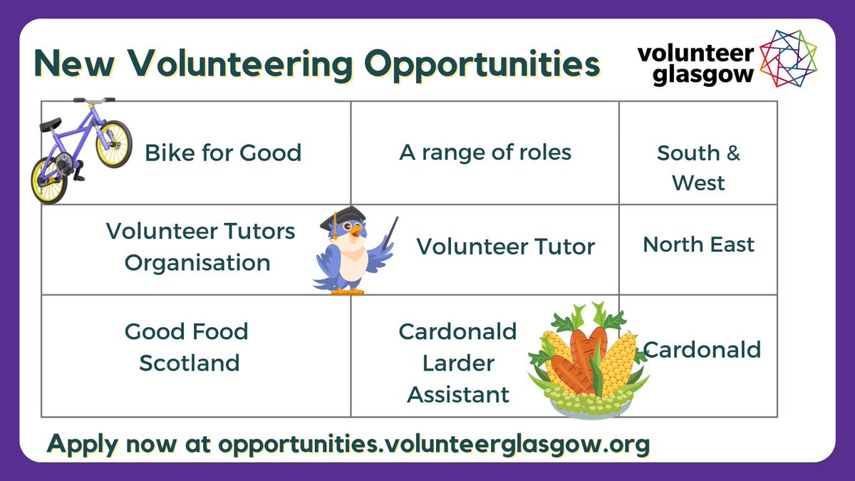 Volunteer Glasgow (@volunteerglasgo) on Twitter photo Take a look at our latest volunteering opportunities 👇
🚵♂️ Varied Roles - <a href="/BikeforGoodGla/">Bike for Good Glasgow</a> - bit.ly/40jrwwy
📚 Volunteer Tutor - <a href="/VTOScotland/">Volunteer Tutors Organisation</a> -bit.ly/40ivFkw
🥘 Larder Assistant - <a href="/GoodFoodScot/">Good Food Scotland</a> - bit.ly/40vltq5 Take a look at our latest volunteering opportunities 👇
🚵♂️ Varied Roles - <a href="/BikeforGoodGla/">Bike for Good Glasgow</a> - bit.ly/40jrwwy
📚 Volunteer Tutor - <a href="/VTOScotland/">Volunteer Tutors Organisation</a> -bit.ly/40ivFkw
🥘 Larder Assistant - <a href="/GoodFoodScot/">Good Food Scotland</a> - bit.ly/40vltq5