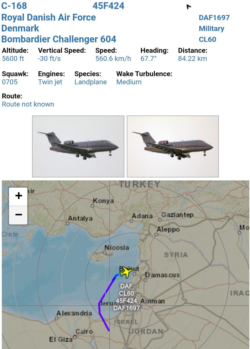 LebanonJets's tweet photo. Video Military (+ATC): #Denmark DanishAirForce Challenger604 #C168 #45F424 started the day in #Pafos to #TelAviv then #Amman (ADJ/Marka) flew the long-way-around into #Beirut as #DAF1697 invisible on commercial tracking sources https://t.co/Nl7NmdQQwn