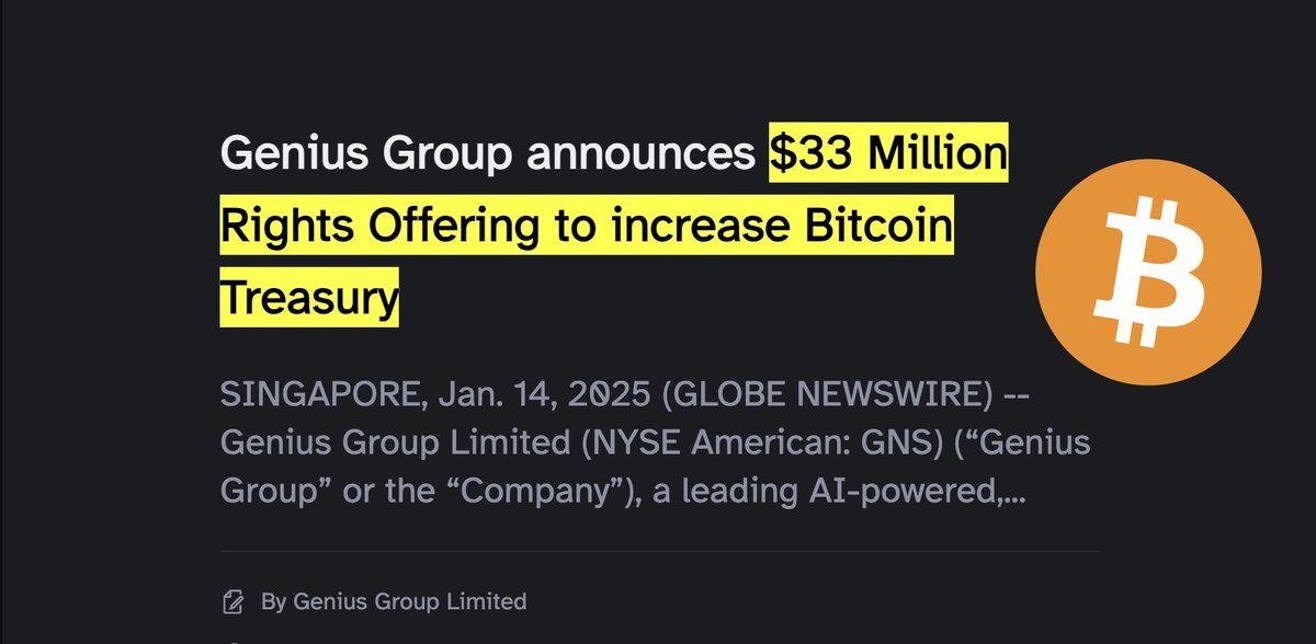 BREAKING: 🤖 Publicly-listed Ai company Genius Group to raise $33m to buy more Bitcoin.

Adoption is growing... 💪
