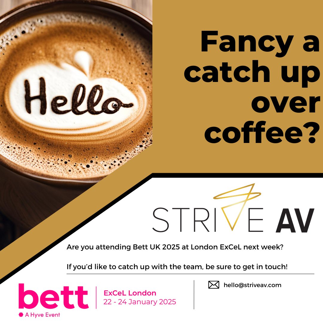 StriveAV (@striveav) on Twitter photo Heading to #Bettuk2025 next week? The #StriveAV team will be there in full force and would love to catch up!
Get in touch with your account manager directly or email the team at hello@striveav.com to arrange a meeting.☕️
<a href="/Bett_show/">Bett Global</a> // #StrivingForExcellence #BettUK2025 Heading to #Bettuk2025 next week? The #StriveAV team will be there in full force and would love to catch up!
Get in touch with your account manager directly or email the team at hello@striveav.com to arrange a meeting.☕️
<a href="/Bett_show/">Bett Global</a> // #StrivingForExcellence #BettUK2025