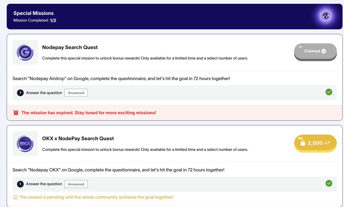Nodepay有两个限定任务，完成可以获得共5000分·，需要时间验证后再claim 谷歌搜索关键词，然后复制链接，回答问题即可完成