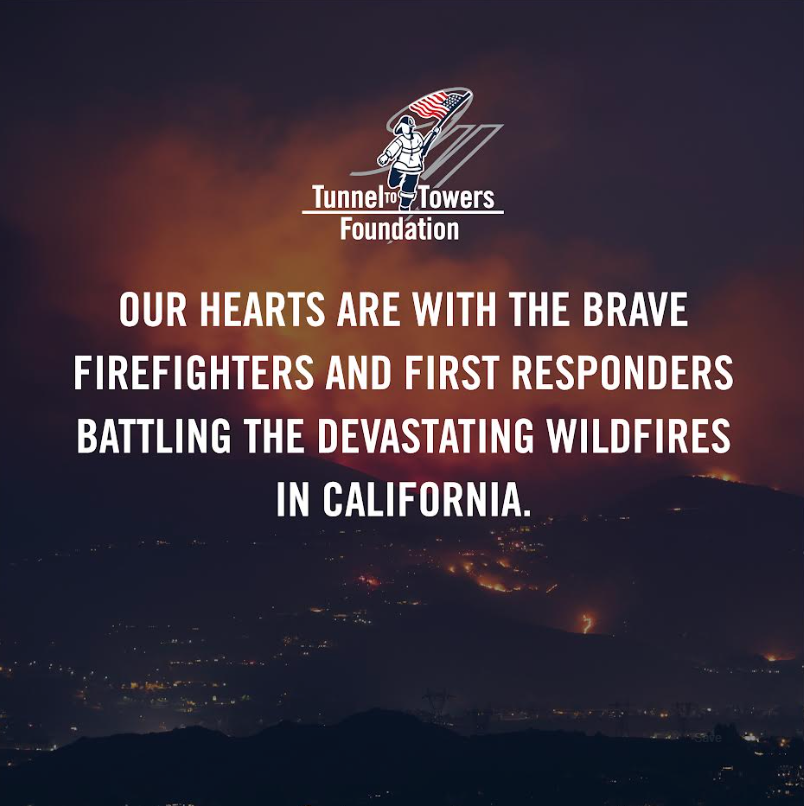 Tunnel2Towers's tweet photo. Here at the Tunnel to Towers Foundation, our hearts are with the brave firefighters and first responders battling the devastating wildfires in California. The courage, dedication, and selflessness these heroes have shown in the face of danger is inspiring. Tunnel to Towers stands with them as they work tirelessly to protect the community. Thank you.❤🫶
