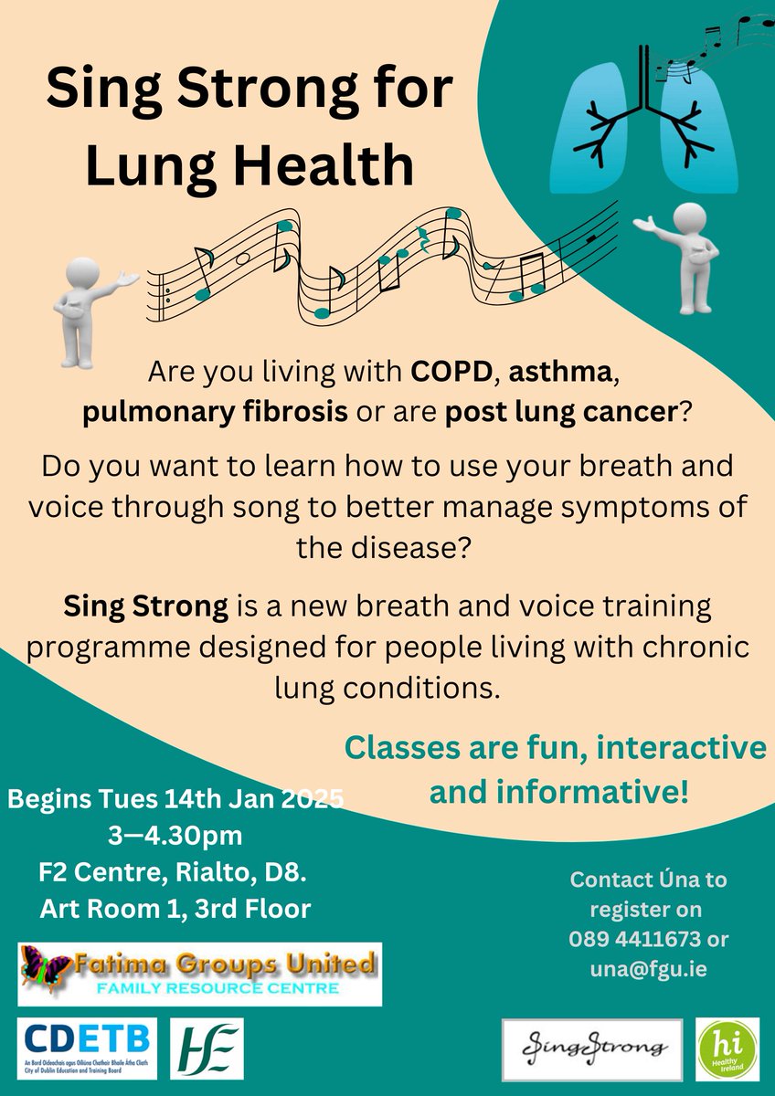 FatimaGroupsUnited (@groupsfatima) on Twitter photo NEW Sing Strong Programme begins every Tuesday January 3 – 4.30pm.
Sing Strong is a breath and voice training programme to support those living with chronic lung conditions like COPD, asthma, pulmonary fibrosis & post lung cancer.
Email una@fgu.ie to reserve your place. NEW Sing Strong Programme begins every Tuesday January 3 – 4.30pm.
Sing Strong is a breath and voice training programme to support those living with chronic lung conditions like COPD, asthma, pulmonary fibrosis & post lung cancer.
Email una@fgu.ie to reserve your place.