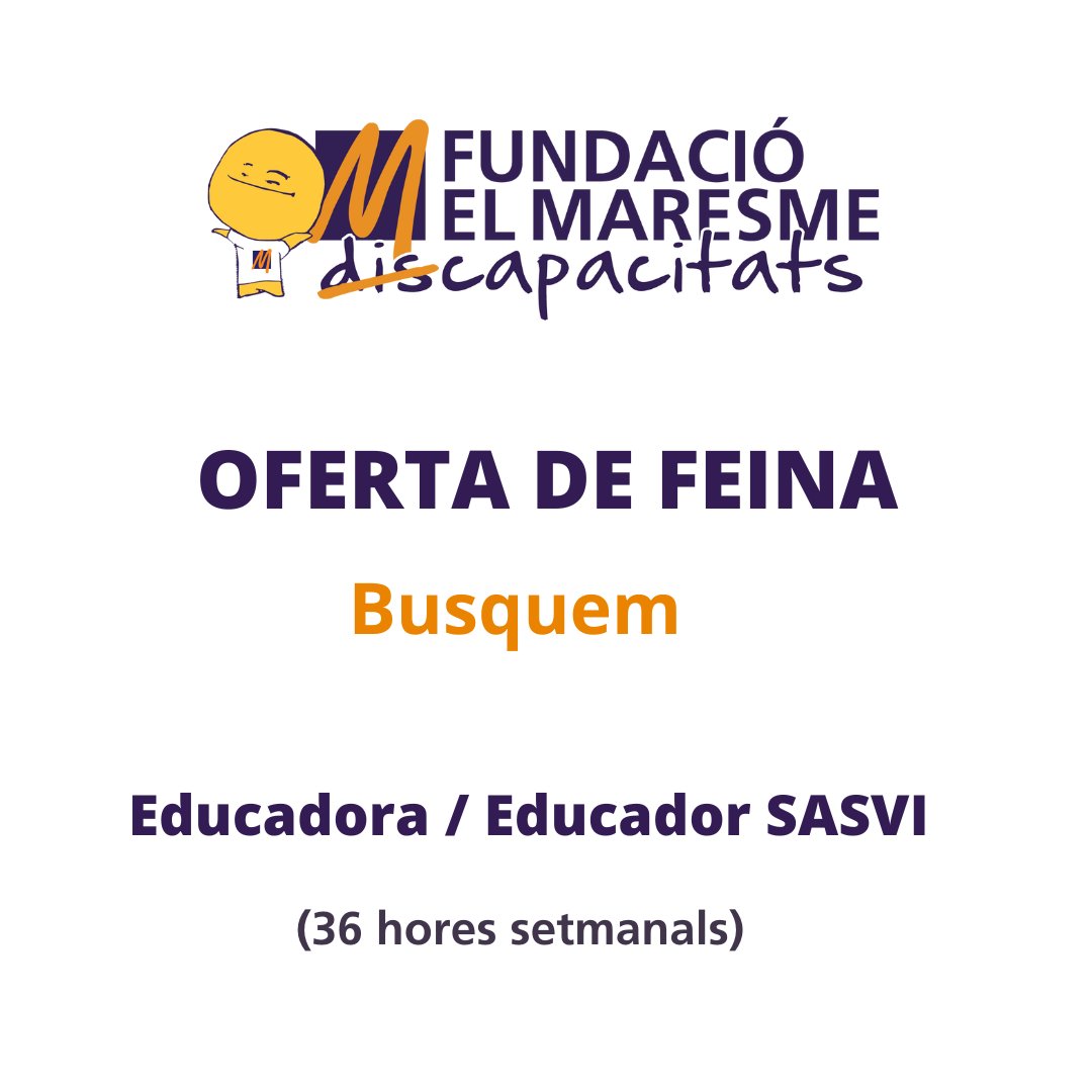 FundacioMaresme's tweet photo. #OfertaDeFeina
📢BUSQUEM: Educadora / Educador SASVI
▶️Aquí trobaràs tota la informació per participar al procés👉https://t.co/MWA7Mu0t2A
#feinamataró #feinaamataró #treballamataró #treballaramataró #fundacióelmaresme #formacióiinserció #sasvi #educadoraSASVI #educadorsasvi https://t.co/uSvL4JJSb5