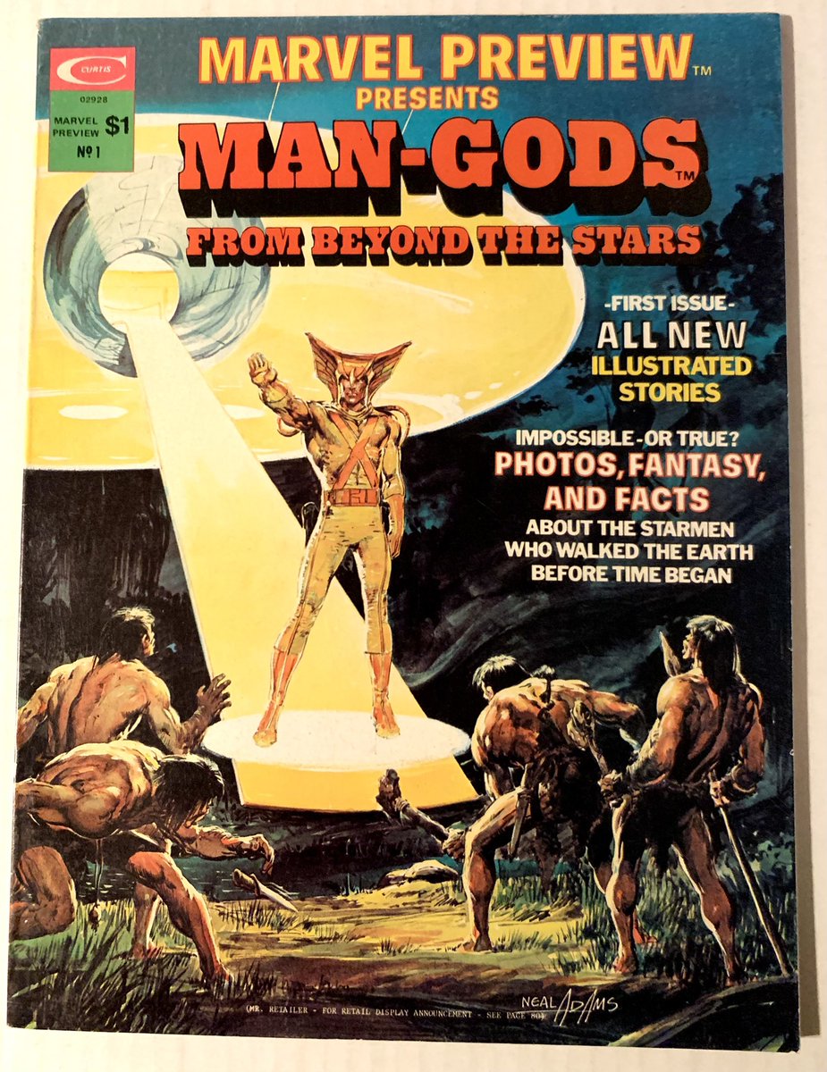 MHuntington7's tweet photo. Newly acquired: a great copy of this 1975 Marvel magazine special focusing on the popular Ancient Astronauts craze. 👁️🛸👽🗿 Dig those books for review (&amp; prices)! #ManGods #MarvelPreview #UFOs #UFOLibrary #AncientAstronauts #UFOCulture #UFOHistory #Ufology https://t.co/iNH7dKyQ0g