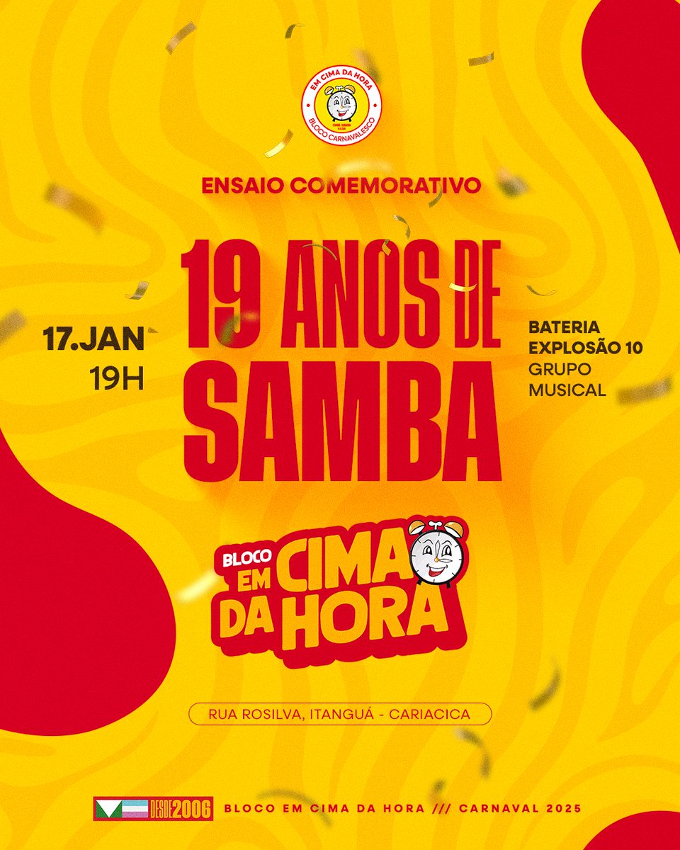 🥳🎶 19 ANOS DE SAMBA, HISTÓRIA E TRADIÇÃO! 🎶🥳

O Bloco Em Cima da Hora completa 19 anos levando alegria, cultura e transformando vidas através do samba! E para celebrar essa trajetória, temos um ensaio especial cheio de emoção e batucada! 🔥🥁