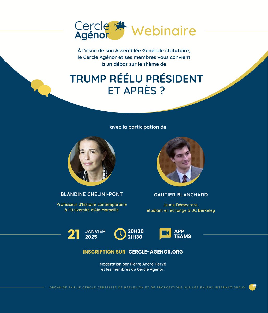[Webinaire] "#Trump réélu président : et après ?" Débat avec Blandine Chelini-Pont, historienne @univamu,  et <a href="/Gaut_Blanchard/">Gautier Blanchard</a>, étudiant <a href="/UCBerkeley/">UC Berkeley</a> et membre des <a href="/J_Democrates/">Jeunes Démocrates</a>  
🗓️ 21 janvier 2025 
🕗à 20h30 (heure de Paris)
📌App Teams
Inscriptions : forms.gle/V9GYZsznf6eBSy…