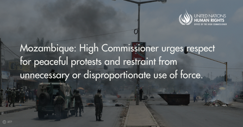 UNHumanRights's tweet photo. We are deeply concerned by continuing post-election tensions in #Mozambique, where dozens have been killed &amp; many more injured since 9 October last year.

All stakeholders must take steps to de-escalate tensions &amp; to resolve any election disputes peacefully.