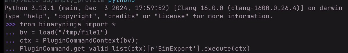 vector35's tweet image. Need to trigger BinExport headlessly to batch process patched binaries (using commercial and above)? First, build for a recent dev or stable: gist.github.com/psifertex/31d9… 

Next, install the API for headless: docs.binary.ninja/dev/batch.html… 

Finally, automate your exporting using a script…