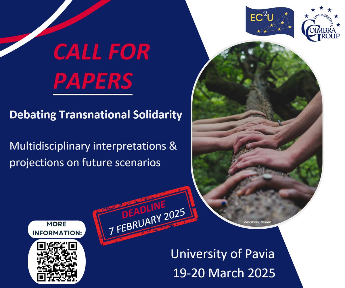 🚨Call for papers: Conference on Transnational Solidarity. 
Org by <a href="/CoimbraGroup/">Coimbra Group</a> #SSH Working Group + <a href="/EC2U_Alliance/">EC2U Alliance of European Universities</a> Virtual Institute for Peace, Justice &amp; Strong Institutions, in coop w/ <a href="/Unibo/">Università di Bologna</a> &amp; <a href="/unipv/">Università di Pavia</a>, &amp; members of different university alliances 
⚠️Deadline: 7 February