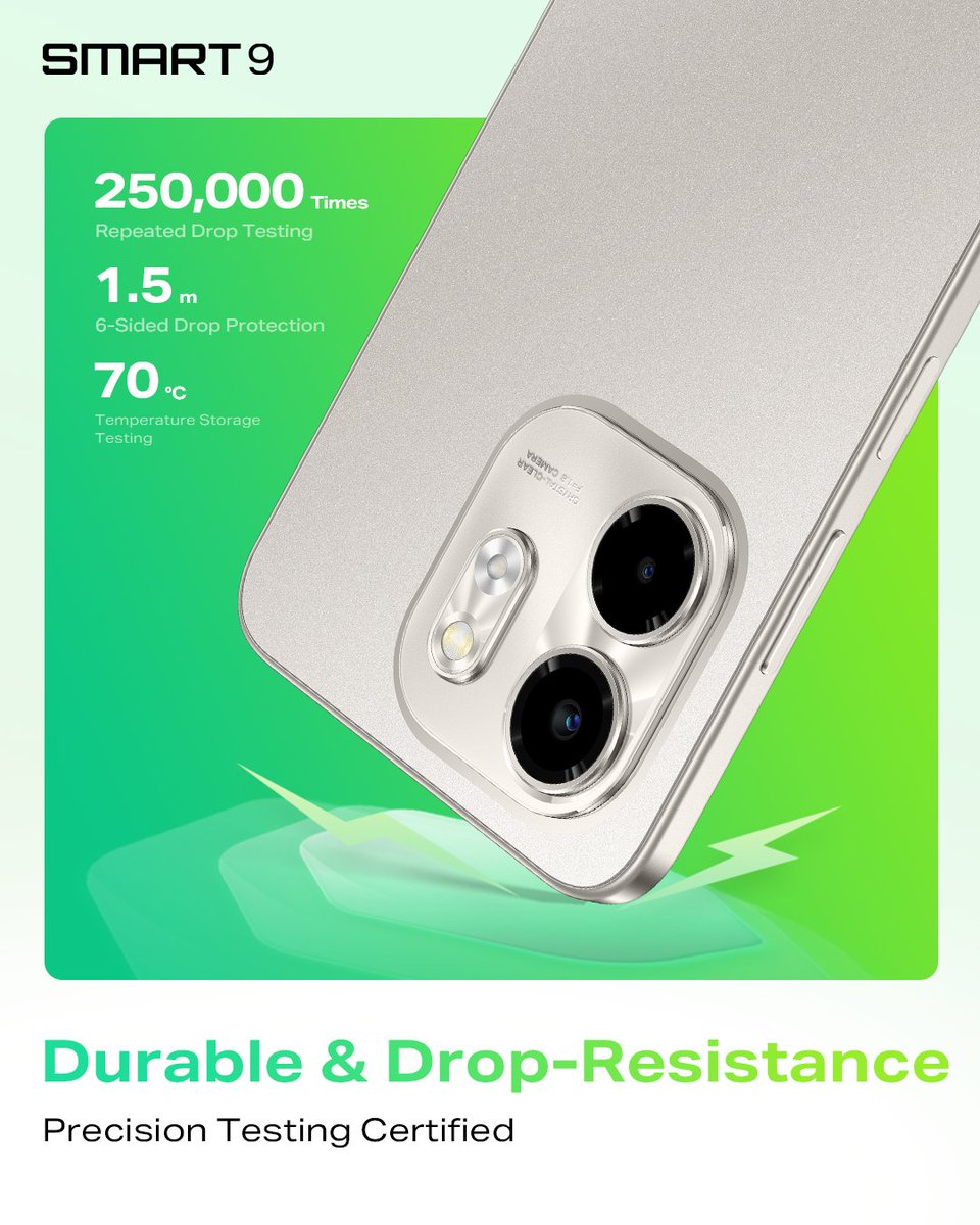 InfinixGhana's tweet photo. Built to last, designed to protect π The Infinix Smart 9 is durable, drop-resistant, and precision-test certified. #48MonthsGuaranteedJoy #InfinixSmart9 https://t.co/kOi5iGEOGE