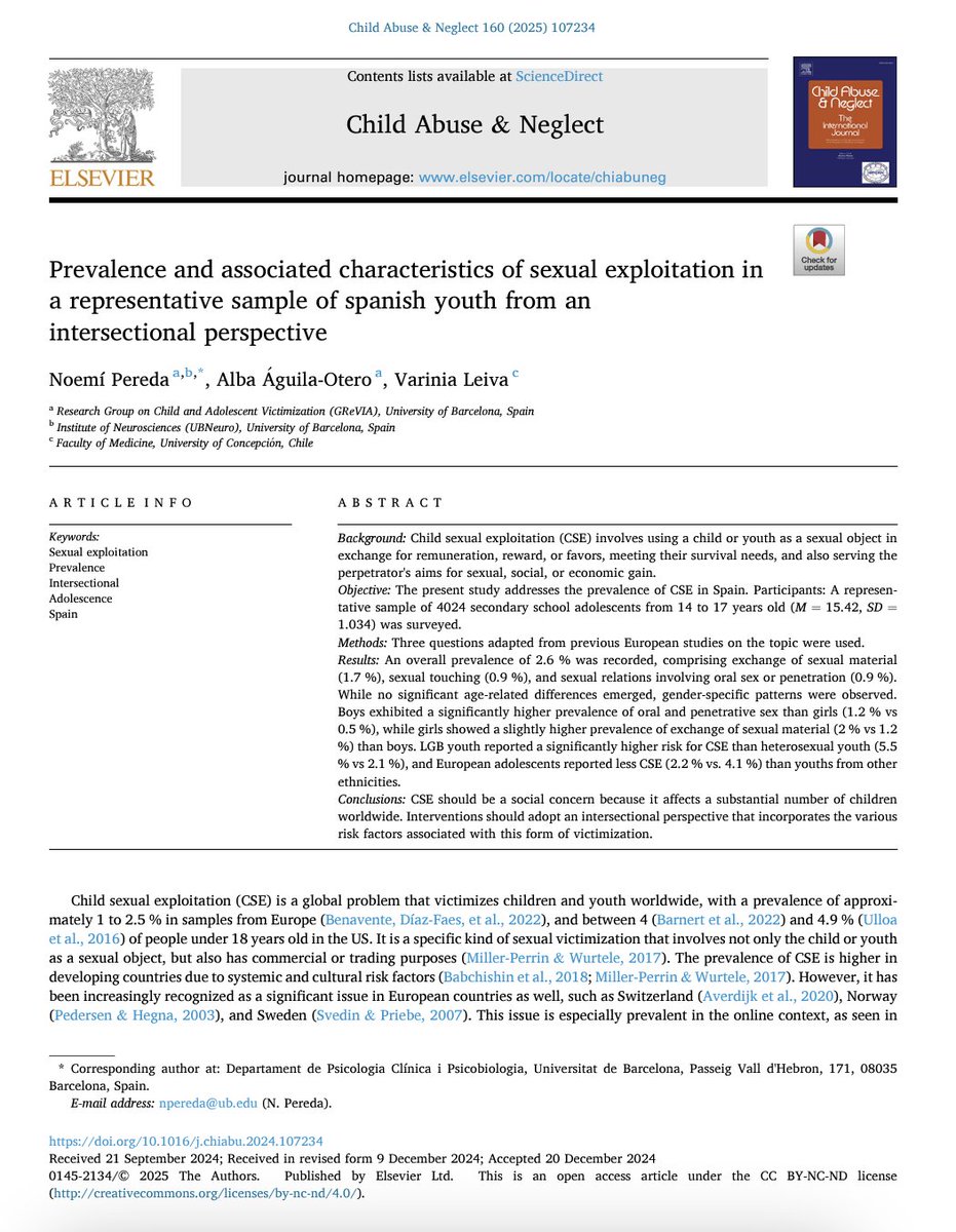 Uno de los problemas de la explotación sexual es la falta de datos sobre su prevalencia, dado que la mayor parte de casos no son conocidos por los organismos oficiales.  Hoy hacemos público el primer estudio llevado a cabo en España sobre este tema.
sciencedirect.com/science/articl…