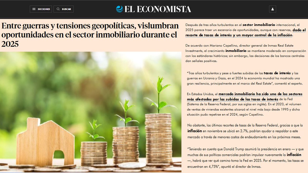 inmsa1's tweet photo. #PrensaINMSA Entre guerras y tensiones geopolíticas, vislumbran oportunidades en el sector inmobiliario durante el 2025.

Mariano Capellino, Fundador y CEO de INMSA, y su mirada sobre el mercado inmobiliario global, en este año 2025.
@eleconomista 

📰https://t.co/xSif2FgWd3 https://t.co/WC3W6tktbv