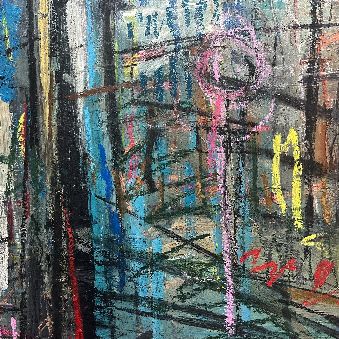 This expressive painting by Matthew Thompson captures the vibrant energy of an urban streetscape with bold, dynamic brushstrokes and a kaleidoscope of colour. 

For more information, please DM us or email us!

Abstraction from Salford Crescent
Mixed media
45 x 60cm