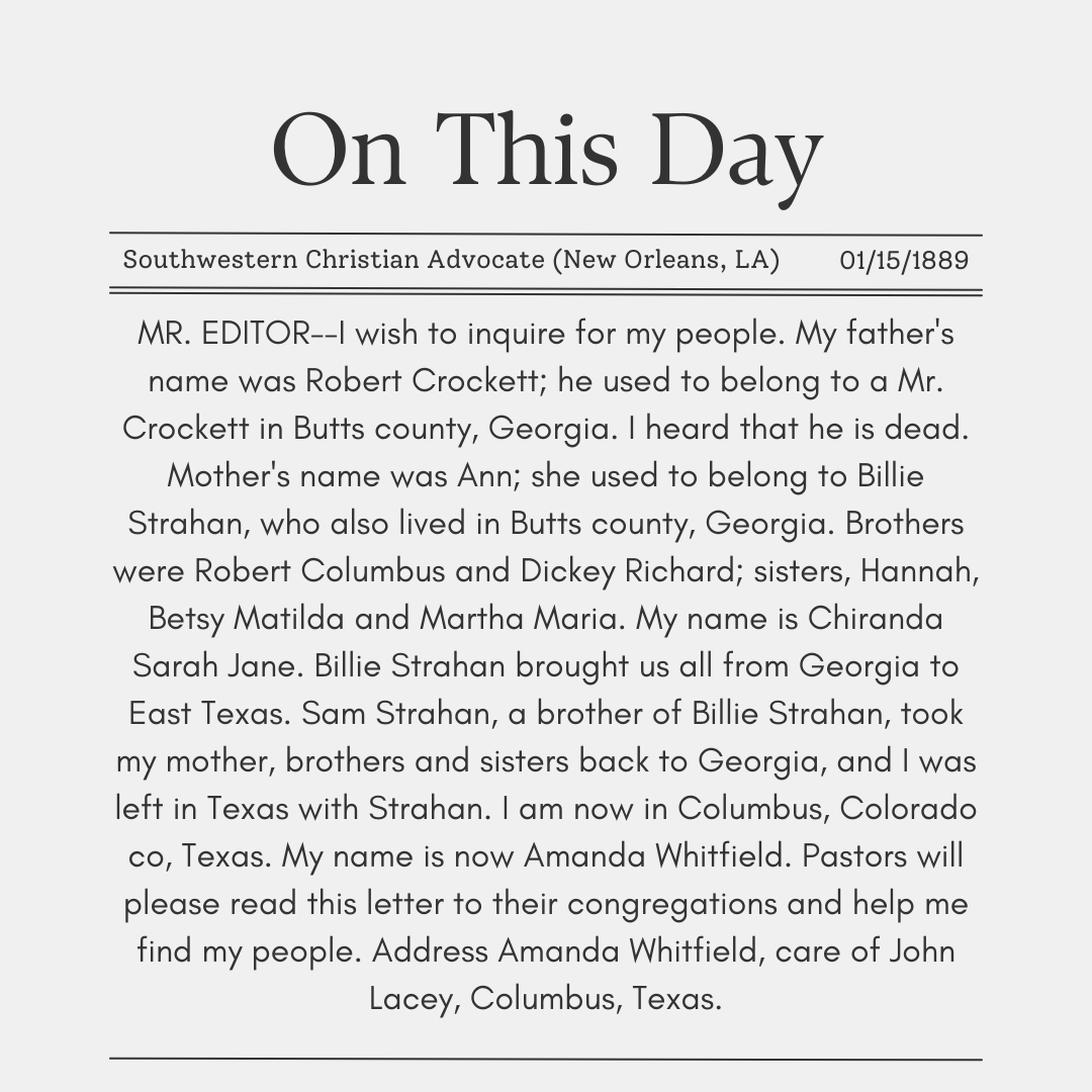 InfoWantedOrg's tweet photo. #OnThisDay Amanda Whitfield, formerly known as Chiranda Sarah Jane, was searching for her family members. Her family was originally from Butts Country, Georgia, but were taken to Texas by Billie Strahan.

#LastSeenProject #BlackHistory #DigitalHistory @usnatarchives @NHPRC https://t.co/gcctvca6Zz