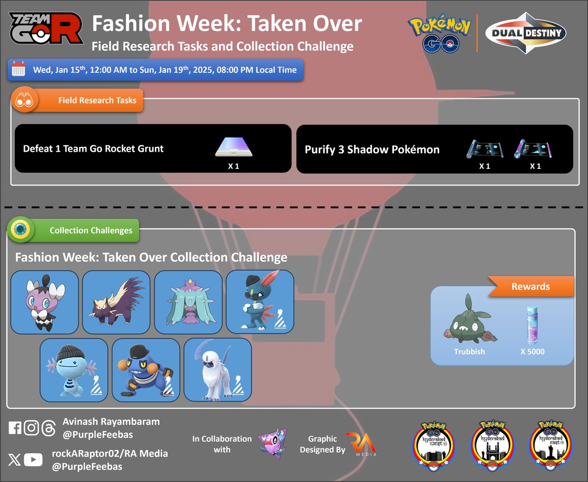 rayambaram's tweet photo. ๐ฎ๐ณ
โญ Fashion Week: Taken Over
๐ฅ Special Research, Field Research Tasks and Collection Challenge
๐๏ธ Wed, Jan 15 to Sun, Jan 19 2025
๐12:00 am to ๐ 08:00 pm local time
#TeamGoRocket #PokemonGo #Pokemon
#RocketEvent #ShadowPalkia #Infographics #Giovanni #Cliff #Arlo #Sierra https://t.co/ffkrFxUhhO