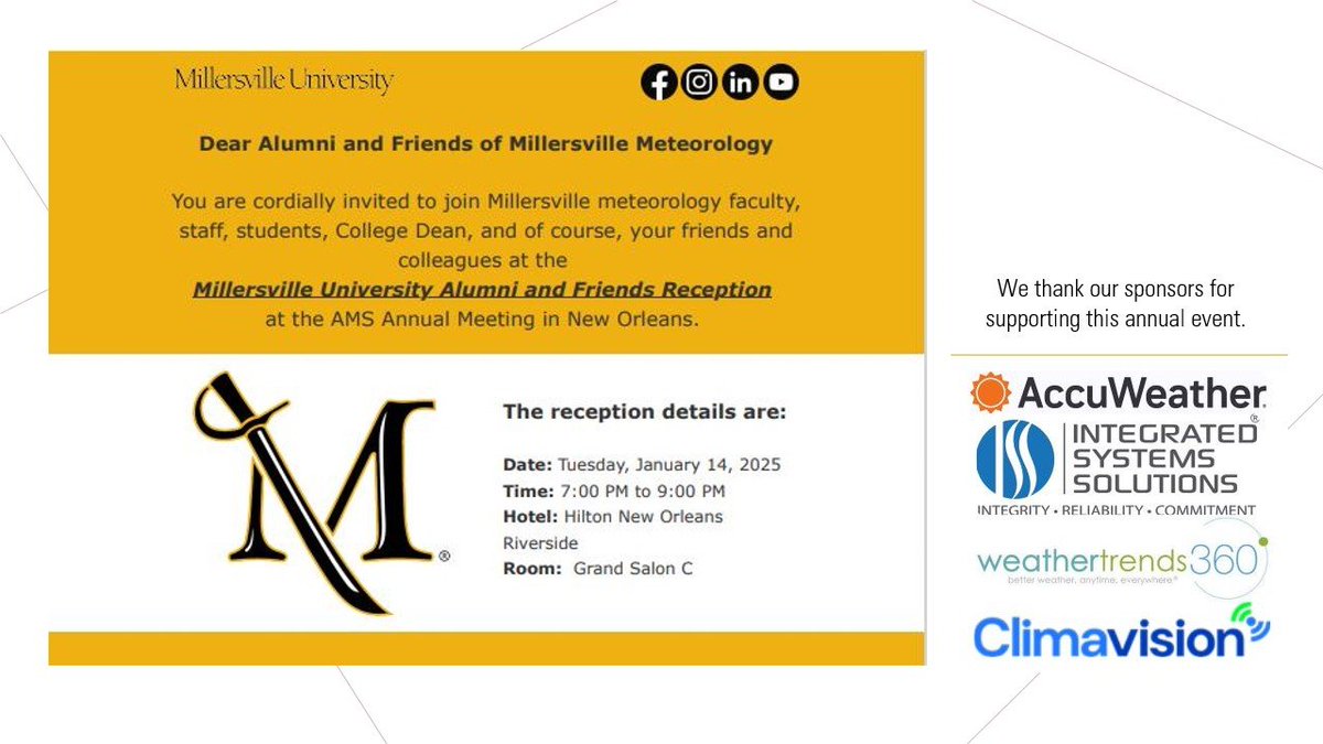 In New Orleans for the 2025 American Meteorological Society Conference? You are invited to come to our Alumni and Friends reception TONIGHT from 7-9pm in the Hilton. Please stop by and say hello! There will be food and drink provided. #ams2025