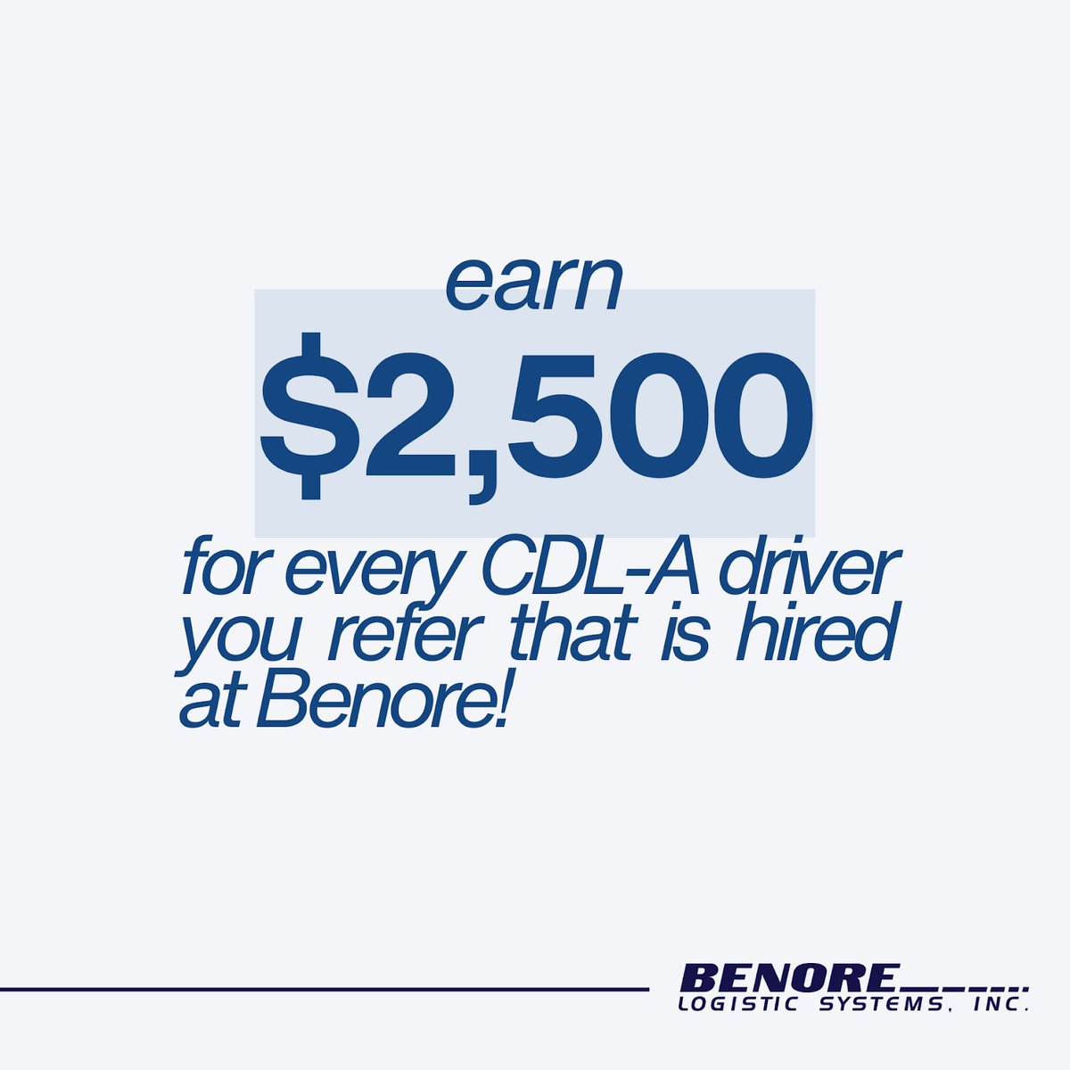 Earn up to $2,500 with Benore’s Referral Bonus! 💰

Know a skilled driver? Refer them to #TeamBenore and get $500 at 1, 3, 6, 9, &amp; 12 months of their employment!

Details: talentacquisition@benorelogistics.com
Apply: drive4benore.com
#NowHiring #EarnMoreWithBenore