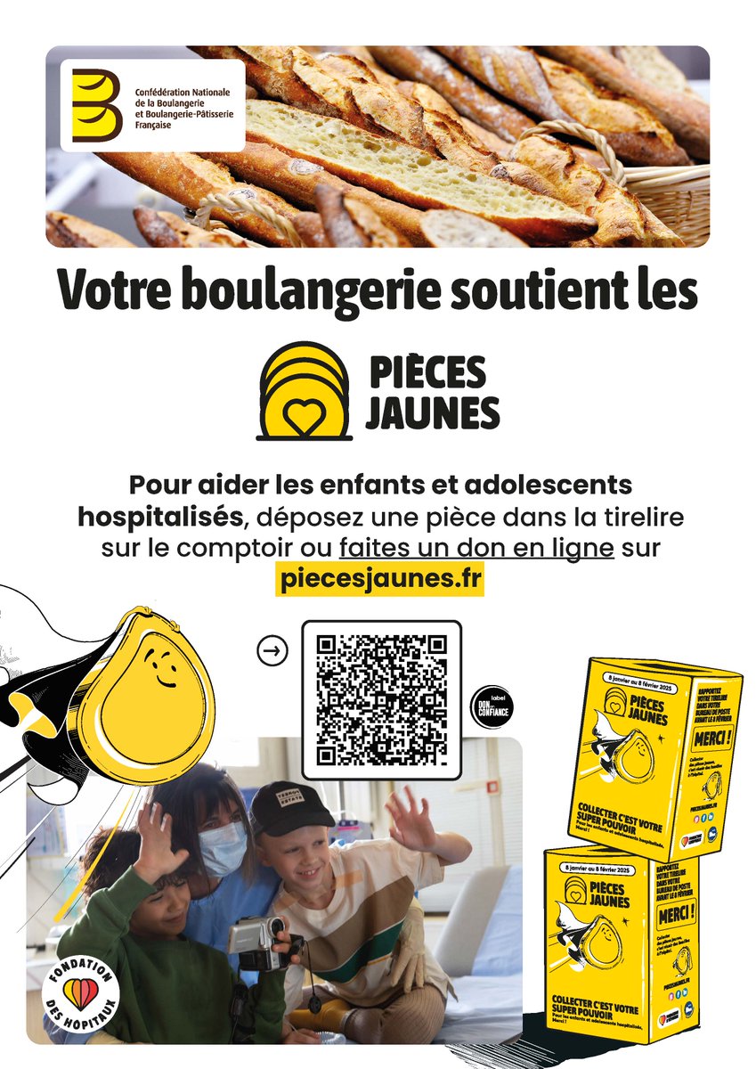 La 36ème opération Pièces Jaunes est en cours 💛

Durant un mois, les artisans 🥖boulangers-pâtissiers proposent de déposer vos pièces dans l’emblématique tirelire jaune placée en magasins, dans le cadre de la collecte de dons nationale organisée annuellement par la