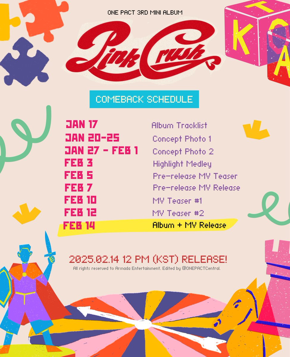 onepactcentral's tweet image. ONE PACT(원팩트) 
3rd Mini Album ‘PINK CRUSH’  

💘 Promotion Schedule (Easy Read Ver.) 💘
2025.02.14 12PM (KST) RELEASE

#ONEPACT #원팩트 #ワンパクト #PINKCRUSH