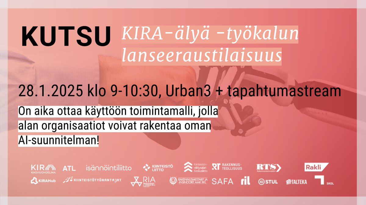 Tule laatimaan AI-suunnitelma organisaatiollesi!💥
Ilmoittaudu mukaan KIRA-älyä -haasteen lanseeraustilaisuuteen. 

Tilaisuus järjestetään 28.1. klo 9–10:30. Voit osallistua paikan päällä Urban3:ssa tai etäyhteyksin. 

Lue lisää ja ilmoittaudu👉 lnkd.in/d-XiNTZB
