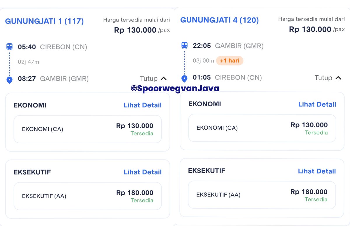 SpoorwegvanJava's tweet photo. 𝗜𝗻𝗳𝗼𝗿𝗺𝗮𝘀𝗶 𝗣𝗲𝗻𝗴𝗼𝗽𝗲𝗿𝗮𝘀𝗶𝗮𝗻 𝗞𝗔 𝗧𝗲𝗿𝗯𝗮𝗿𝘂
(#GAPEKA2025)

🚊 𝗞𝗔 ����𝗨𝗡𝗨𝗡𝗚 𝗝𝗔𝗧𝗜 𝟭, 𝟮, 𝟯, 𝟰
(sebelumnya bernama Argo Cheribon)
ℹ️ No. KA 117, 120 & 118, 119 (Gapeka 2025)
🔁 (Gambir - Cirebon P. P & Gambir - Semarang Tawang P. P) 

🗓 Per tanggal 1 Februari 2025
ℹ️ Waktu Keberangkatan: (tertera pada foto)

🚃 Stamformasi:
✅ 4 Eksekutif NI
✅ 4 Ekonomi NI
✅ 1 Kereta Makan
✅ 1 Pembangkit

ℹ️ Pola operasional: 1 trainset utk 4 perjalanan dalam sehari. 
(CN➡️GMR, GMR➡️SMT, SMT➡️GMR, & GMR➡️CN)

sc: app Access by KAI