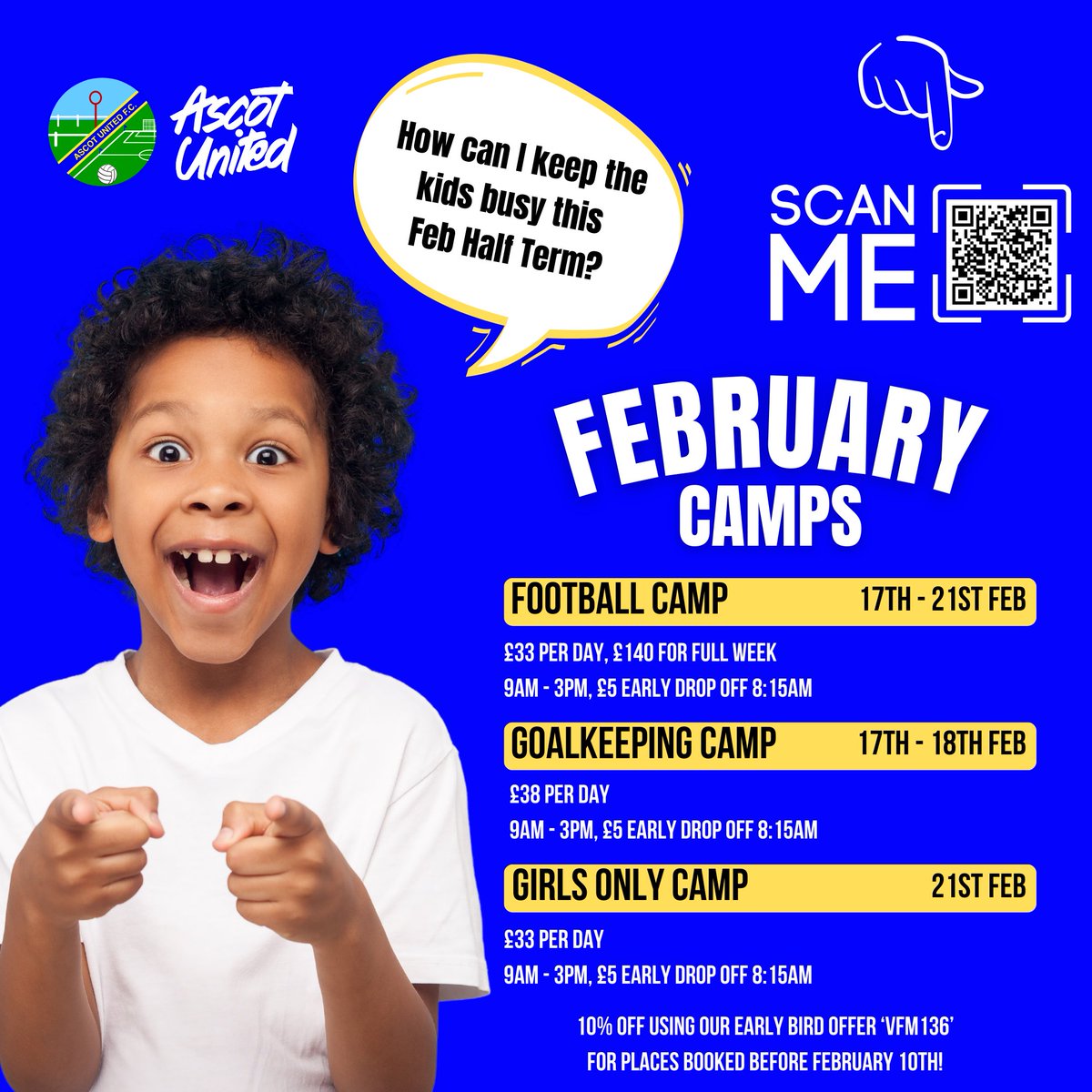 AscotUnitedFC's tweet photo. How can I keep the kids busy this February Half Term?

Well, our half-term football camps are back... ⚽👀

Football Camp (17th-21st Feb)
9am - 3pm, Early Drop Off Available 8:15am

Goalkeeping Camp (17th-18th Feb)
9am - 3pm, Early Drop Off Available 8:15am

Girls Only Football Camp (21st Feb)
9am - 3pm, Early Drop Off Available 8:15am

Book today to secure your place, these are always popular 📲

https://t.co/xIUfExlVtb

Rumour has it that if you use code 'VFM136 before February 10th you may receive 10% off your booking...

#WeAreAscot #UpTheYellas 🧡💙