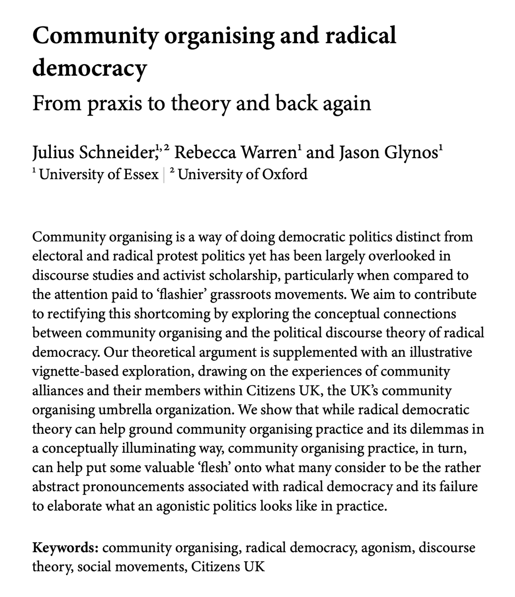 JuliusSch_edu's tweet photo. New publication OA w/ Rebecca Warren and Jason Glynos in @jlanpol in special issue on the turn to practice in discourse theory.

https://t.co/SxgfSMLlZm

We look at the horizontal activism of community organising and radical democracy to see how they can learn from each other 1/ https://t.co/bnfYZGkkQ0