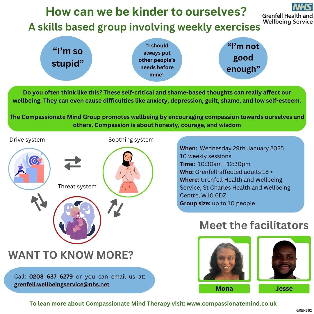 If you’ve been affected by #Grenfell and struggle with difficulties such as depression, anxiety and guilt, our Compassionate Mind Group can help.   

The group is open to anyone over 18-years-old 
 For more info 📞 on 0208 637 6279 or ✉️grenfell.wellbeingservice@nhs.net 💚