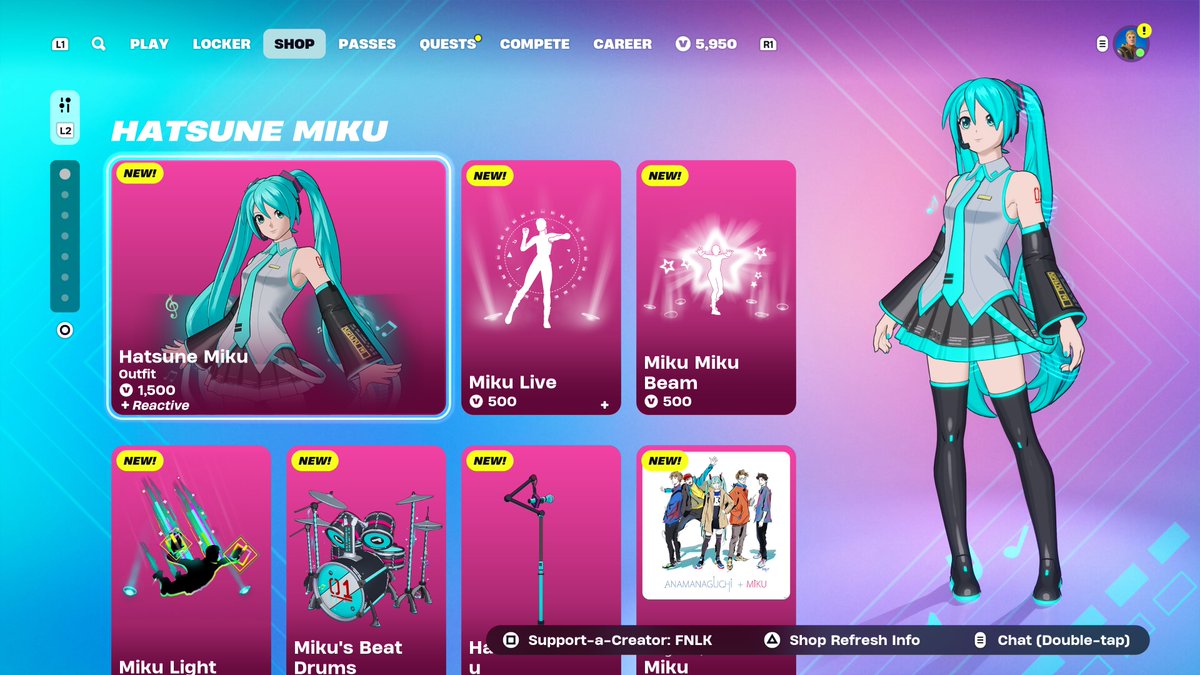 FortniteFNLK's tweet photo. FORTNITE HATSUNE MIKU SKIN IS NOW AVAILABLE IN THE ITEM SHOP!

USE CODE ‘FNLK’ #ad https://t.co/K4WKnknjVL