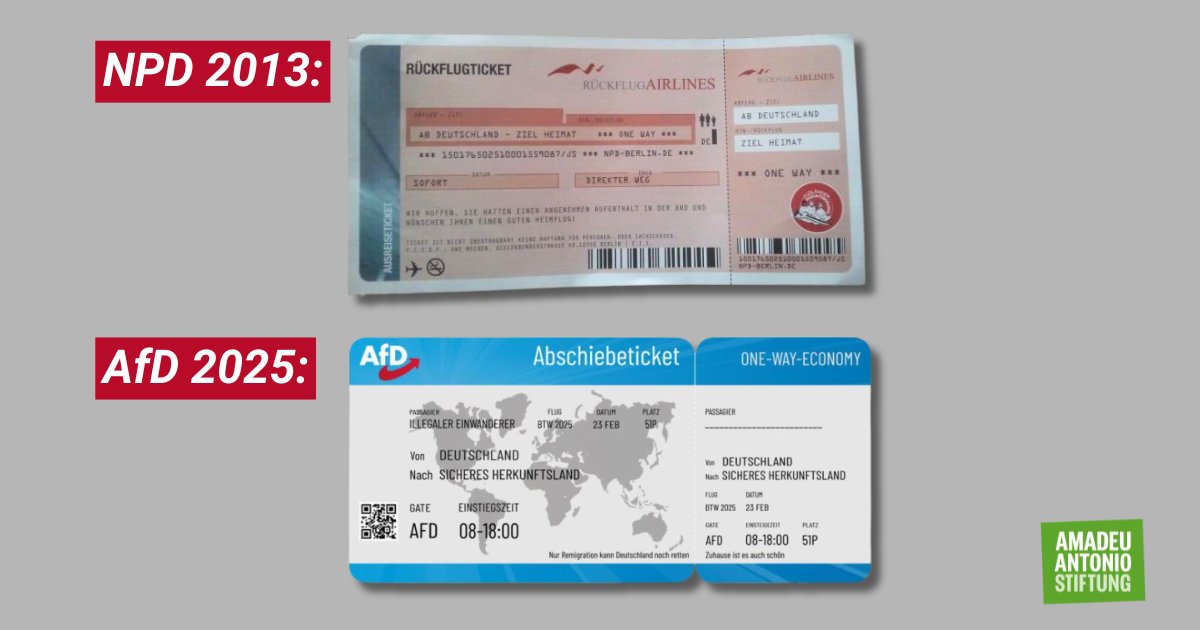 Mindestens zwei Kreisverbände der AfD verschickten sogenannte „Abschiebetickets“ per Post an Menschen mit Migrationshintergrund.
Die AfD ist nichts anderes als die erfolgreiche NPD.
Genauso radikal, genauso gefährlich, genauso verbotswürdig.