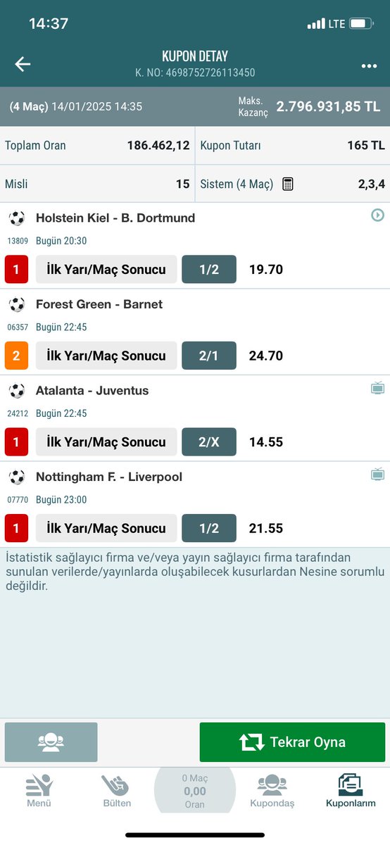 Çok sevdiğim bir söz var, büyük lokma ye ama büyük konuşma diye. Haklılarmış. 
Salı’yı sallamaya geldik 💸
#bahis #iyms #tahmin #iddaatahmin