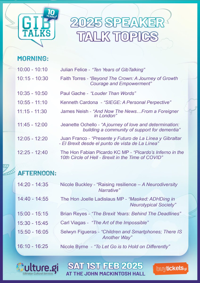 gib_talks's tweet image. 🎤 Talk Topics are out!

See what’s in store for GibTalks 2025 as we celebrate 10 Years of GibTalking! From personal journeys to thought-provoking insights, this year’s lineup promises an unforgettable day. 🌟Grab your tickets now at buytickets.gi! 🎟️

#GibTalks2025