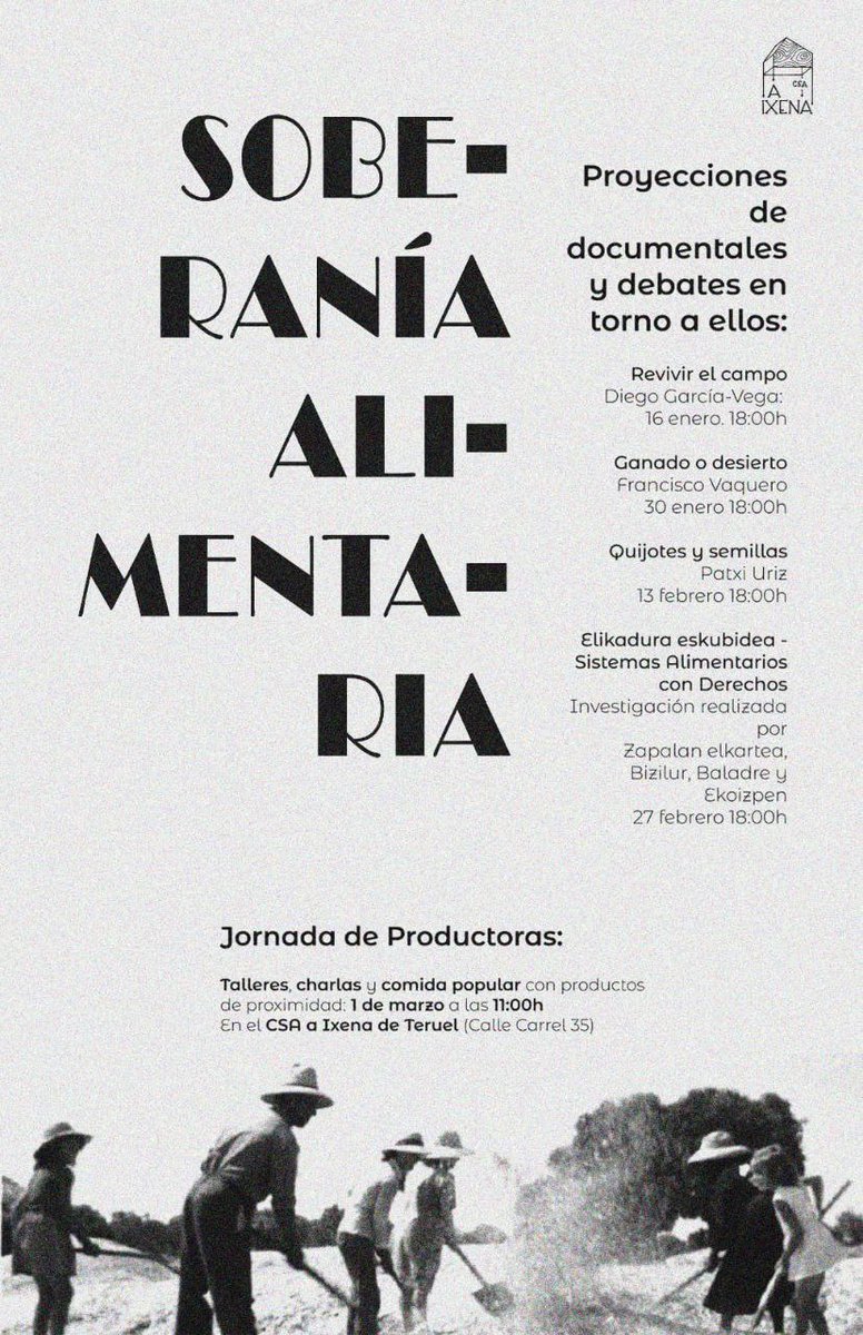 🌱 Ciclos de Documentales y Jornadas de Productoras en Teruel 🍅

 Decidir qué queremos producir y cómo queremos hacerlo ha de ser un derecho inalienable e indivisible, necesariamente imbricado en el resto de derechos.

¡Por la Soberanía Alimentaria!

Os esperamos;)