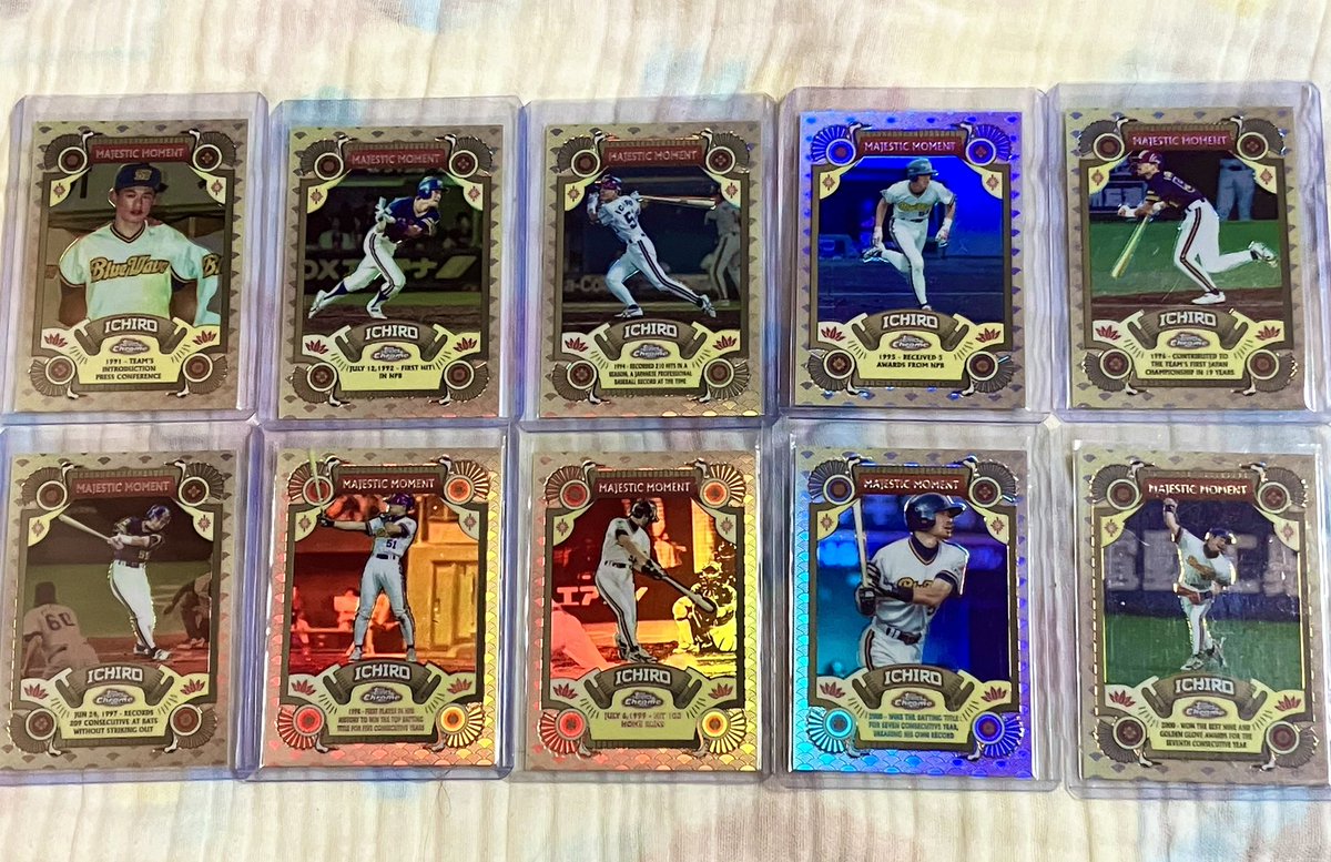 ys4136's tweet photo. 2024 Topps NPB Chrome
イチロー選手　MAJESTIC MOMENT
全10種コンプリートしました。
サインやシリアルもいいですが、こうした集めがいのあるインサートがあるのはいいですね👌
今年のトプクロは楽しめました。
#topps 
#イチロー https://t.co/nM5XwnVkyu