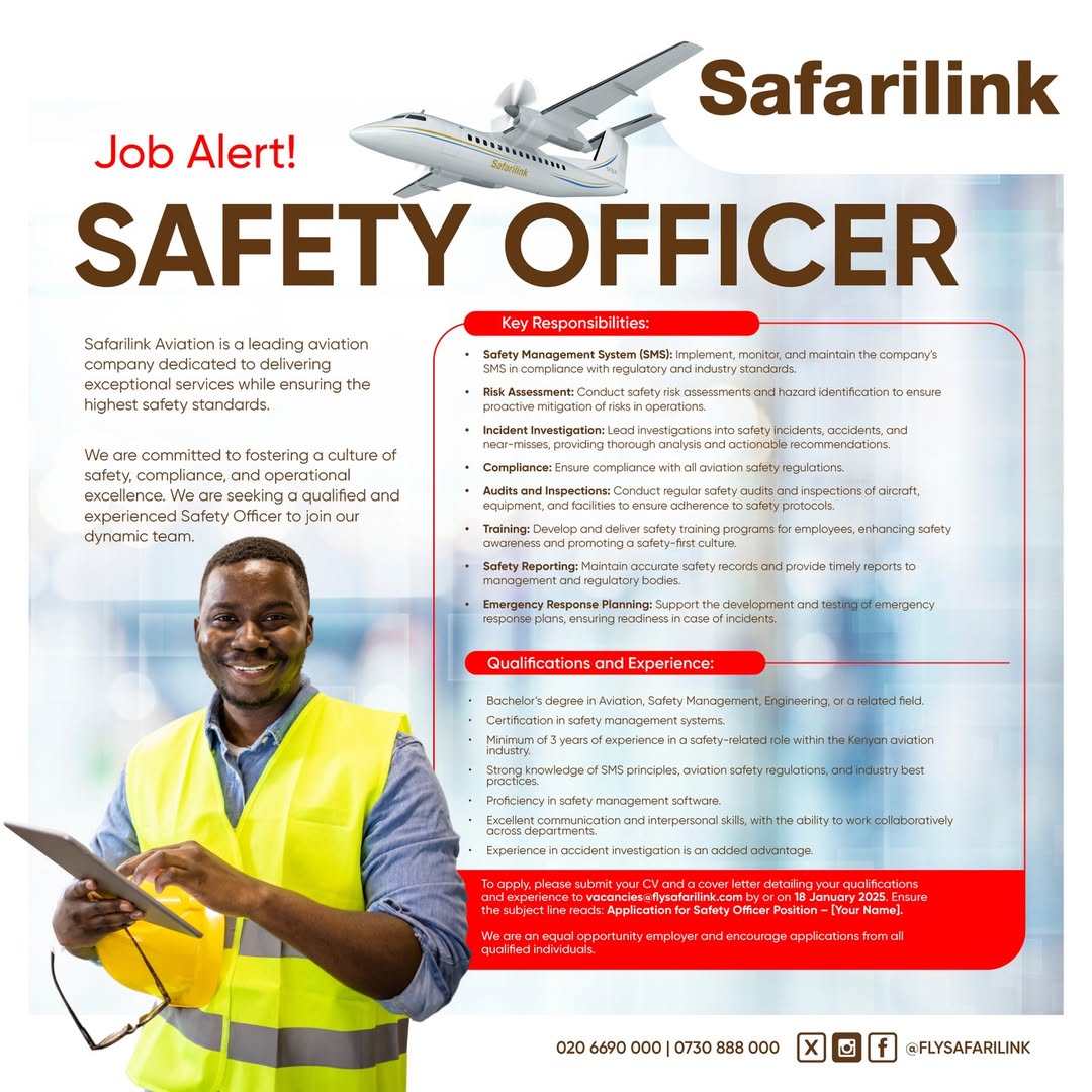 aviationtanzani's tweet photo. Job Opportunity at Safarilink:Safety Officer (01 POST)
@flysafarilink
#aviation #aviationlovers #aviationcareer #job #vacancy #safety #safetyofficer #safarilink #aviationtanzania✈ #aviationtanzaniaupdates #aviata #aviatajobs #aviataupdates #aviatamedia https://t.co/kgNQyhapRi