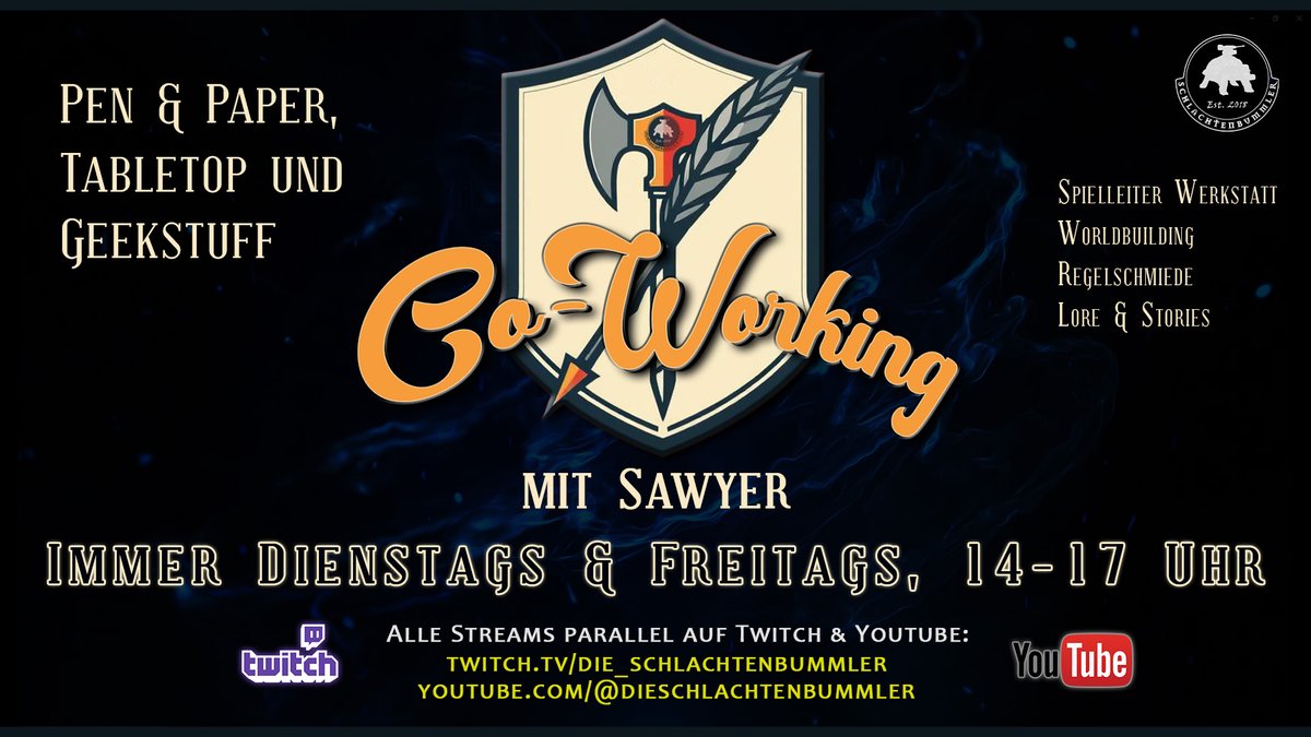 🪶 HEUTE 14-17h: Co-Working #Stream mit <a href="/nextsawyer/">NextSawyer</a>  🪶 
#CoWorking heute: #Tabletop Prep - Kampagnen-, #Lore &amp; Spielvorbereitung 
Thema heute: #MORDHEIM Teaser schneiden 

twitch.tv/die_schlachten…
 youtube.com/@dieschlachten…